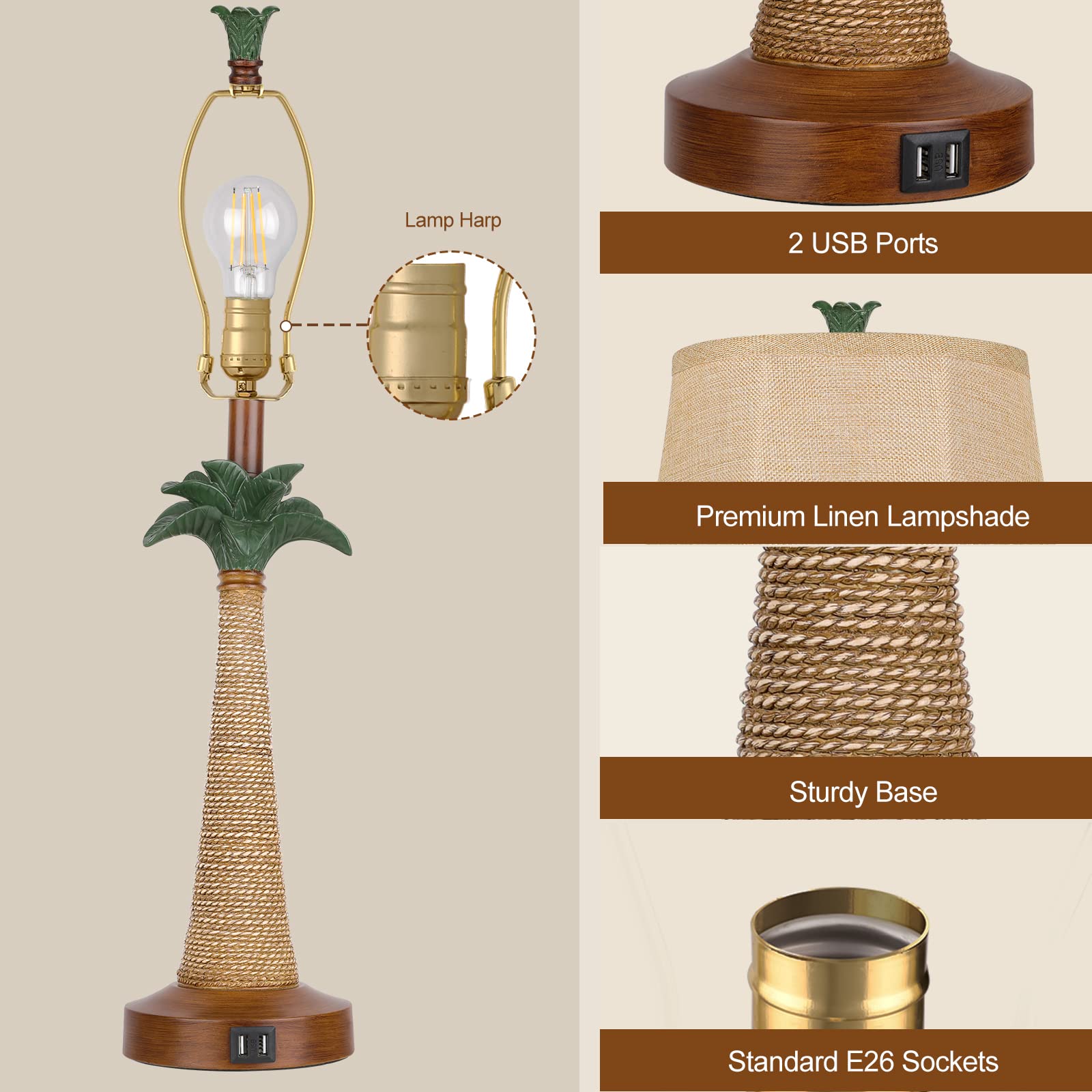 Hamucd Set of 2 Coastal Palm Tree Table Lamps with USB Ports - Beige, Nautical Design for Living Room & Bedroom Decor