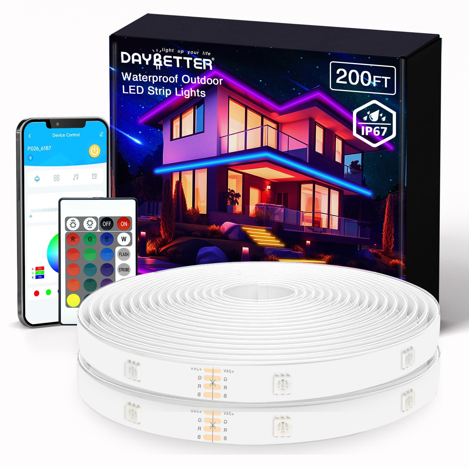 Outdoor LED Strip Lights Waterproof 200ft, IP67 Waterproof LED Light Strips with Remote, Music Sync APP Control, RGB Color Chang