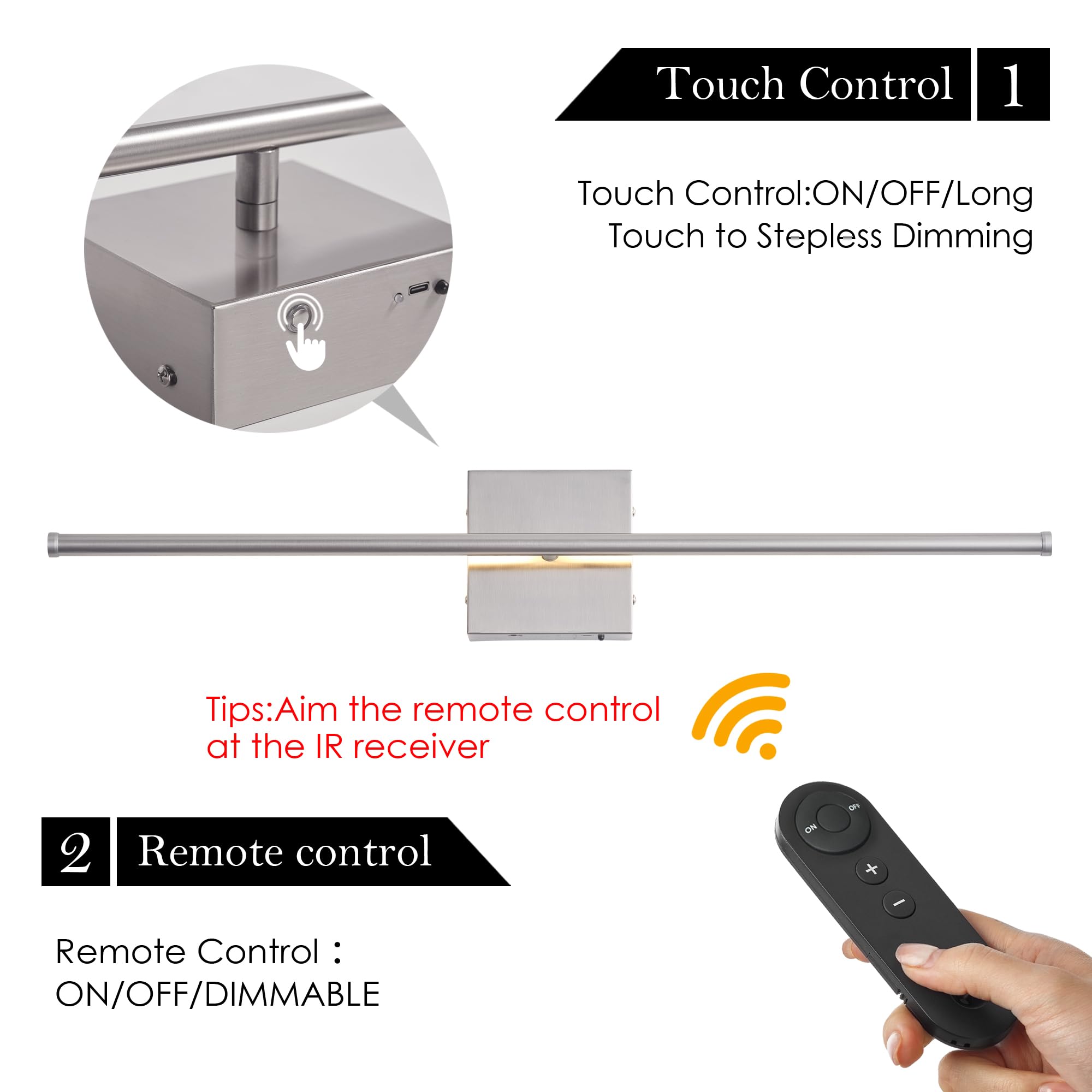 KARTOOSH Dimmable Battery Operated Wall Sconces Set of Two, 24.4 Inch Nickel, 350° Rotate, Remote Control, LED Lighting for Living Room, Bedroom