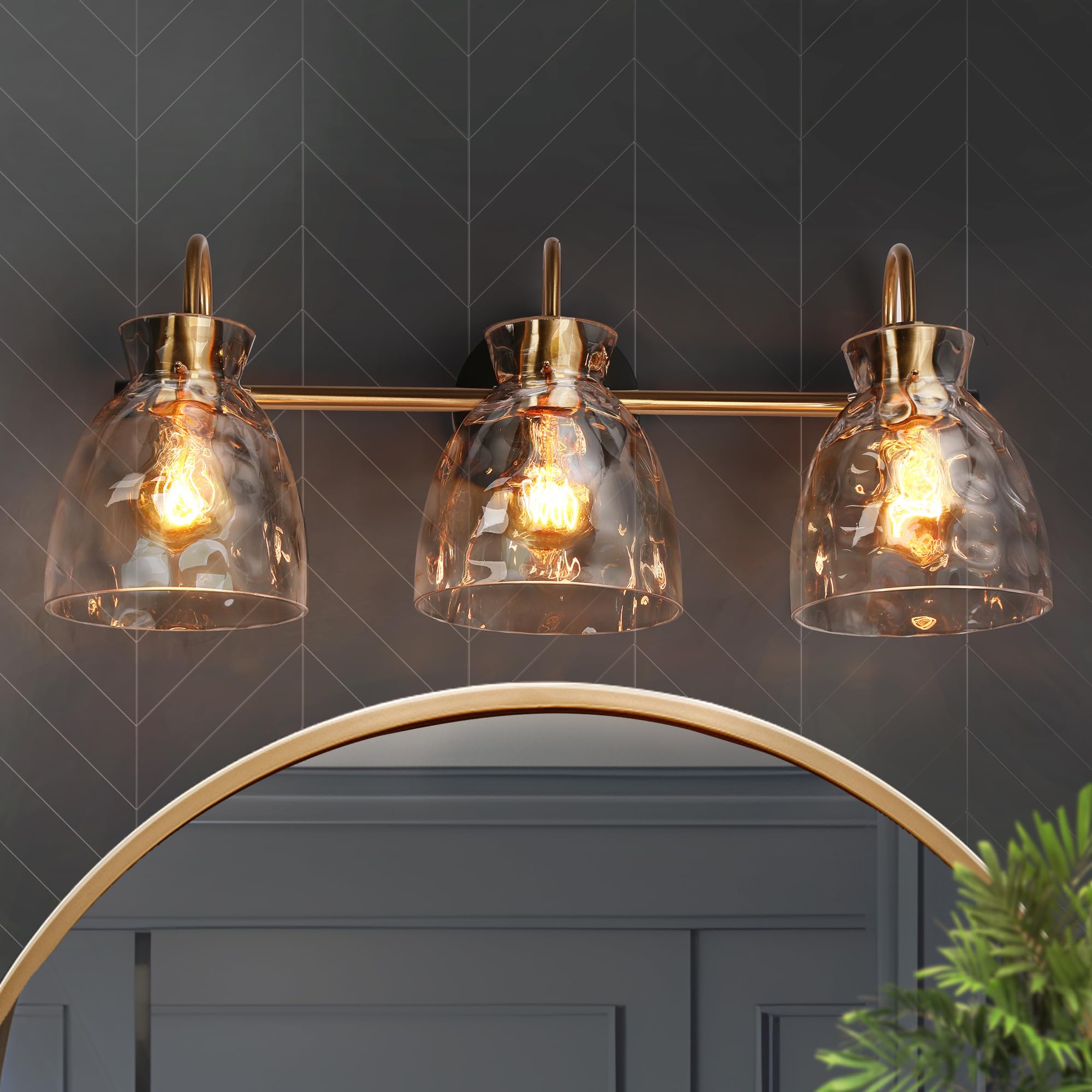 KSANA Black Gold Bathroom Light Fixtures, 3 Light Modern Vanity Lights with Textured Glass Mid-Century Bathroom Vanity Lighting 