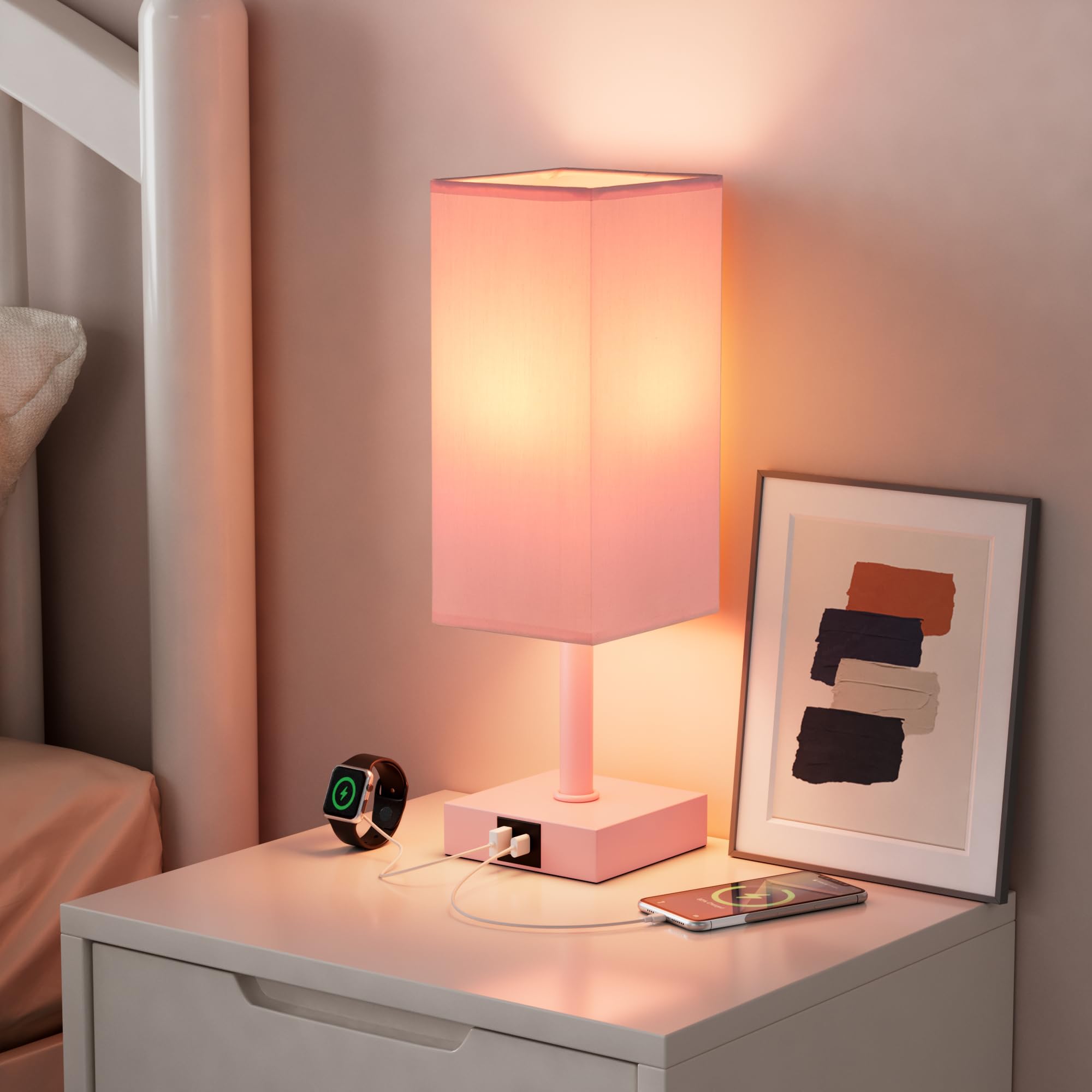 Ambimall Touch Control Table Lamp - USB A+C Ports, 13" Pink Fabric Nightstand Lamp, Model RPT-fang1-9, LED Bulb Included