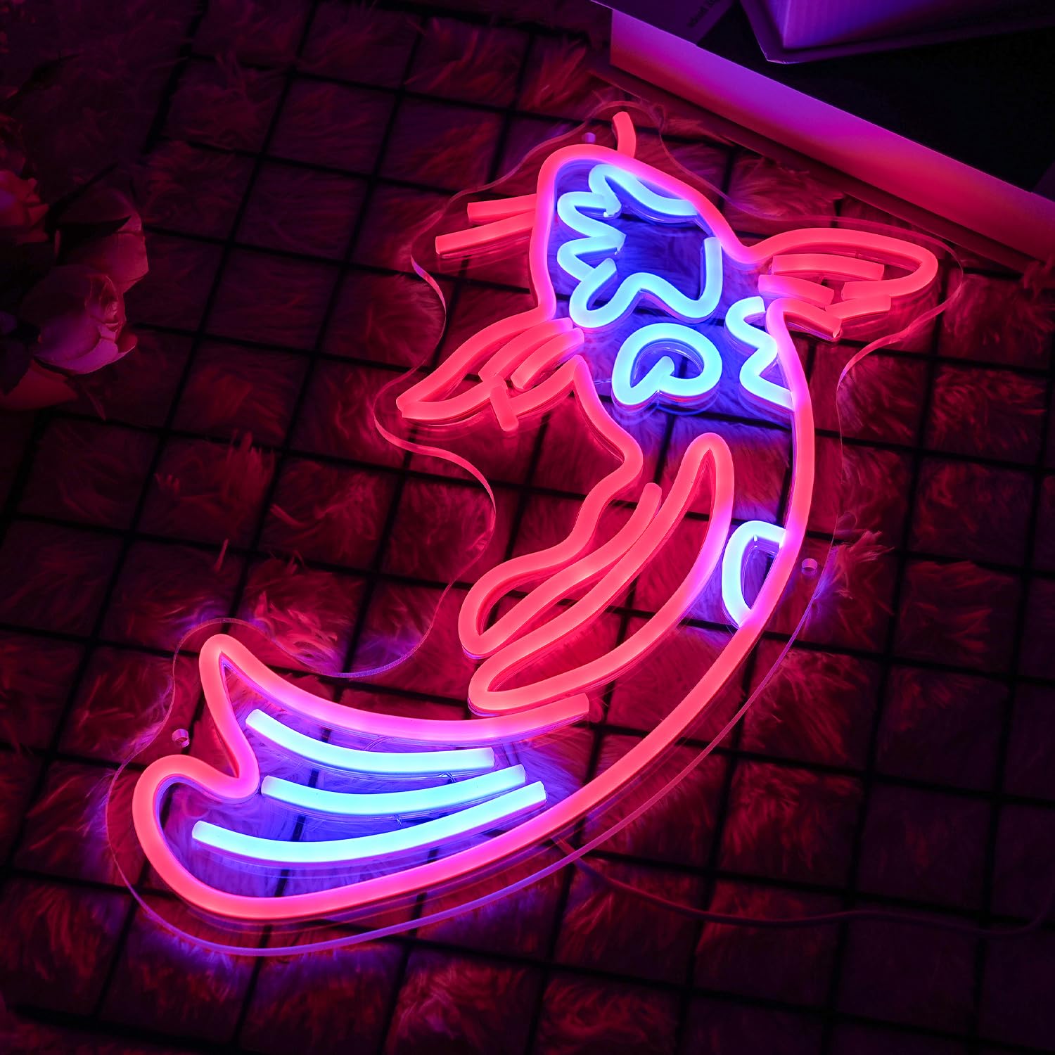 LMSIGNLY Koi Fish Neon Sign LED Wall Decor 17inx9.5in Red & Blue Lucky Fish Neon Light for Bar, Restaurant, Office, Living Room