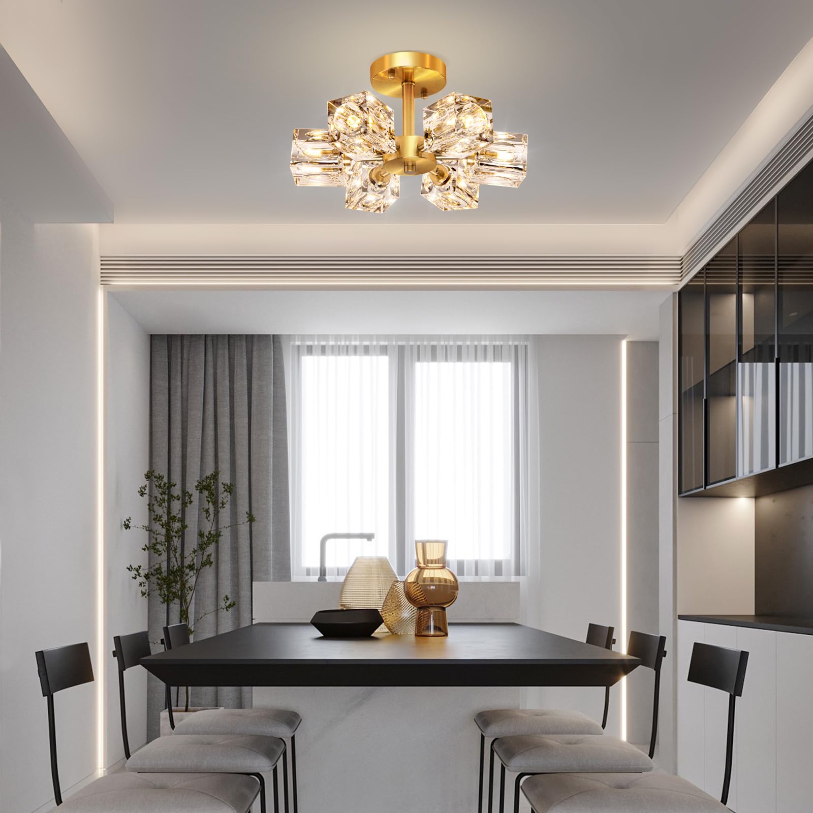 Semi Flush Mount Ceiling Light Fixture Modern 6 Lights Gold Crystal Chandelier,Brushed Nickel Sputnik Chandeliers For Hallway En