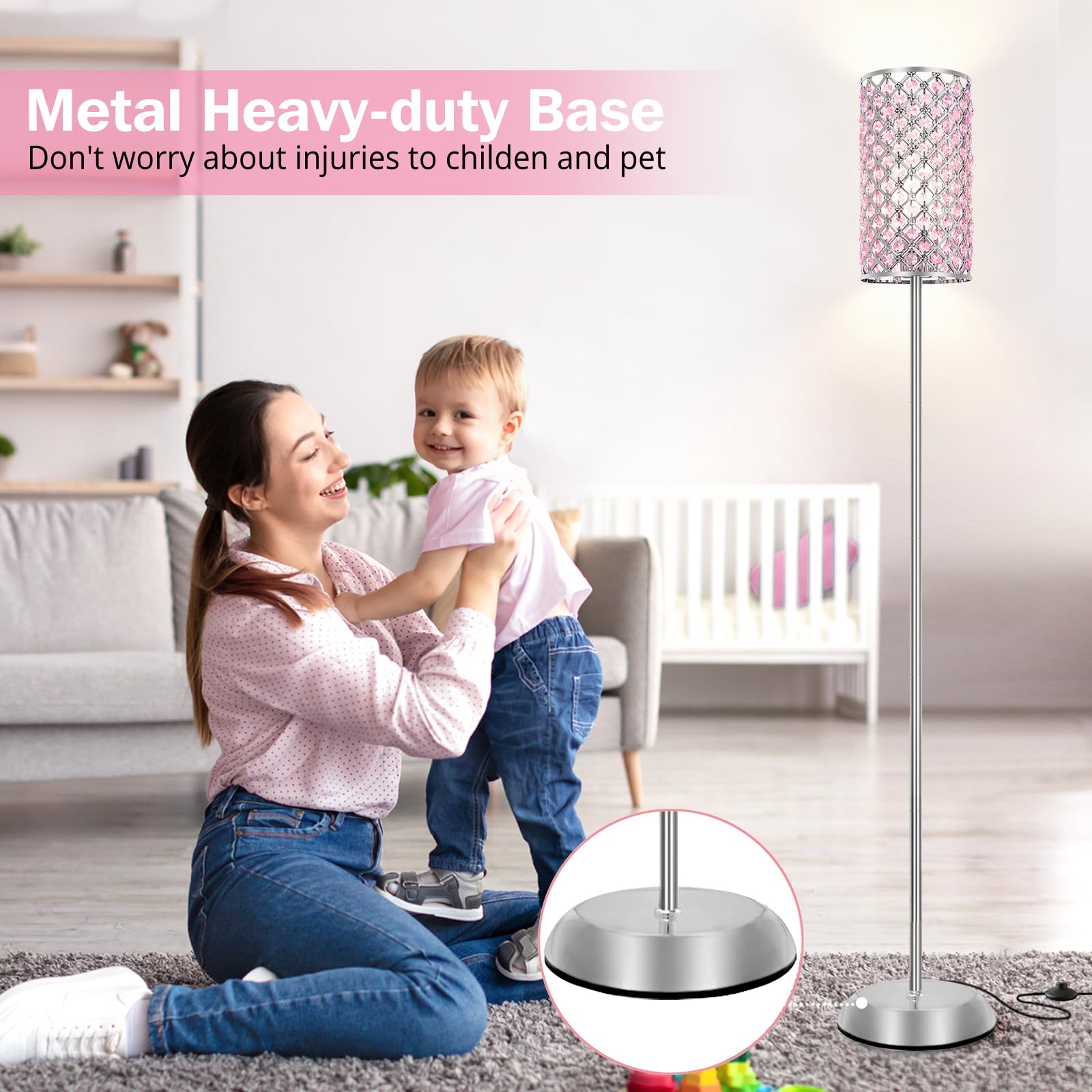 GyroVu Crystal Floor Lamp - Pink Modern Tall Lamp with Foot Switch for Bedroom, Living Room, Office, Dorm