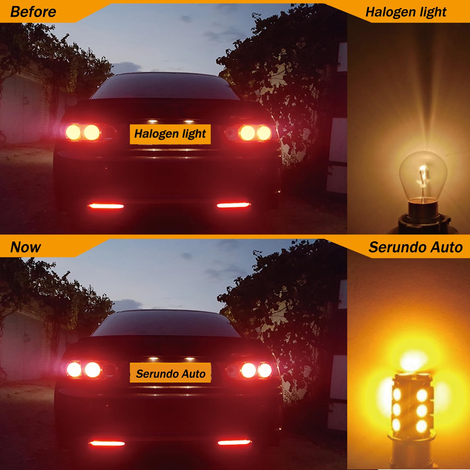 Serundo Auto 1156 LED Bulb, 12V 24V, Super Bright Yellow, Pack of 2, BA15S for Back Up Lights and Tail Lights