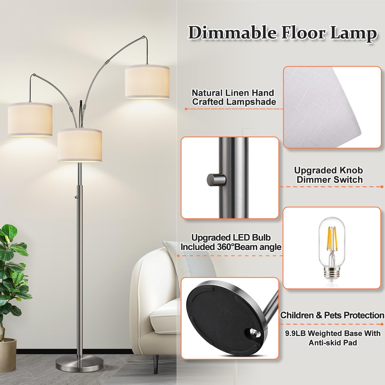 Nintiue Dimmable Floor Lamp - 3-Light Metal Brushed Nickel with White Shades, Mid Century Design, Model F1378G, 3 LED Bulbs Included