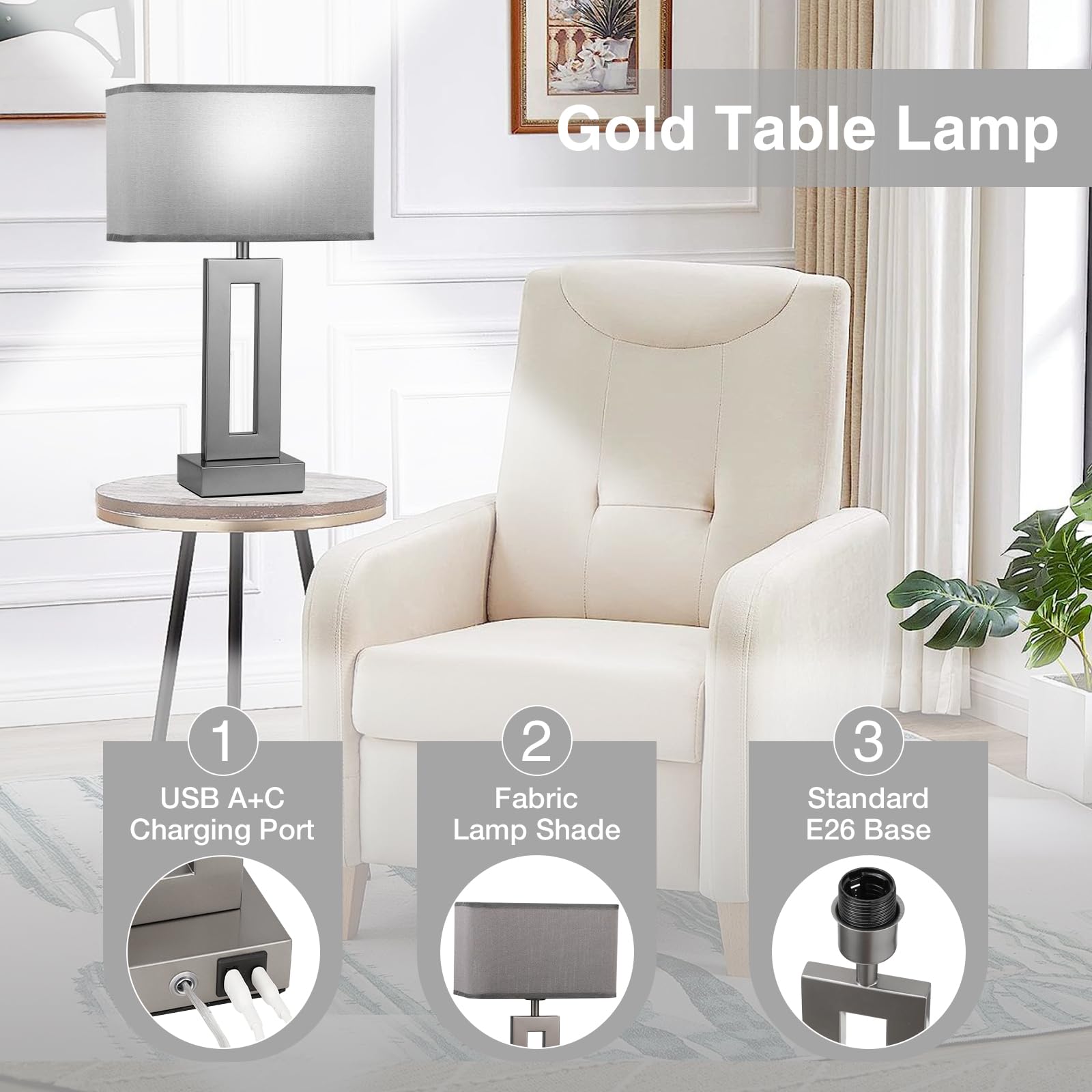 Bedroom Table Lamps Set Of 2 - Grey Touch Bedside Lamps With Usb C+A, 3 Way Dimmable Gold Lamp For Nightstand, Modern Night Stan