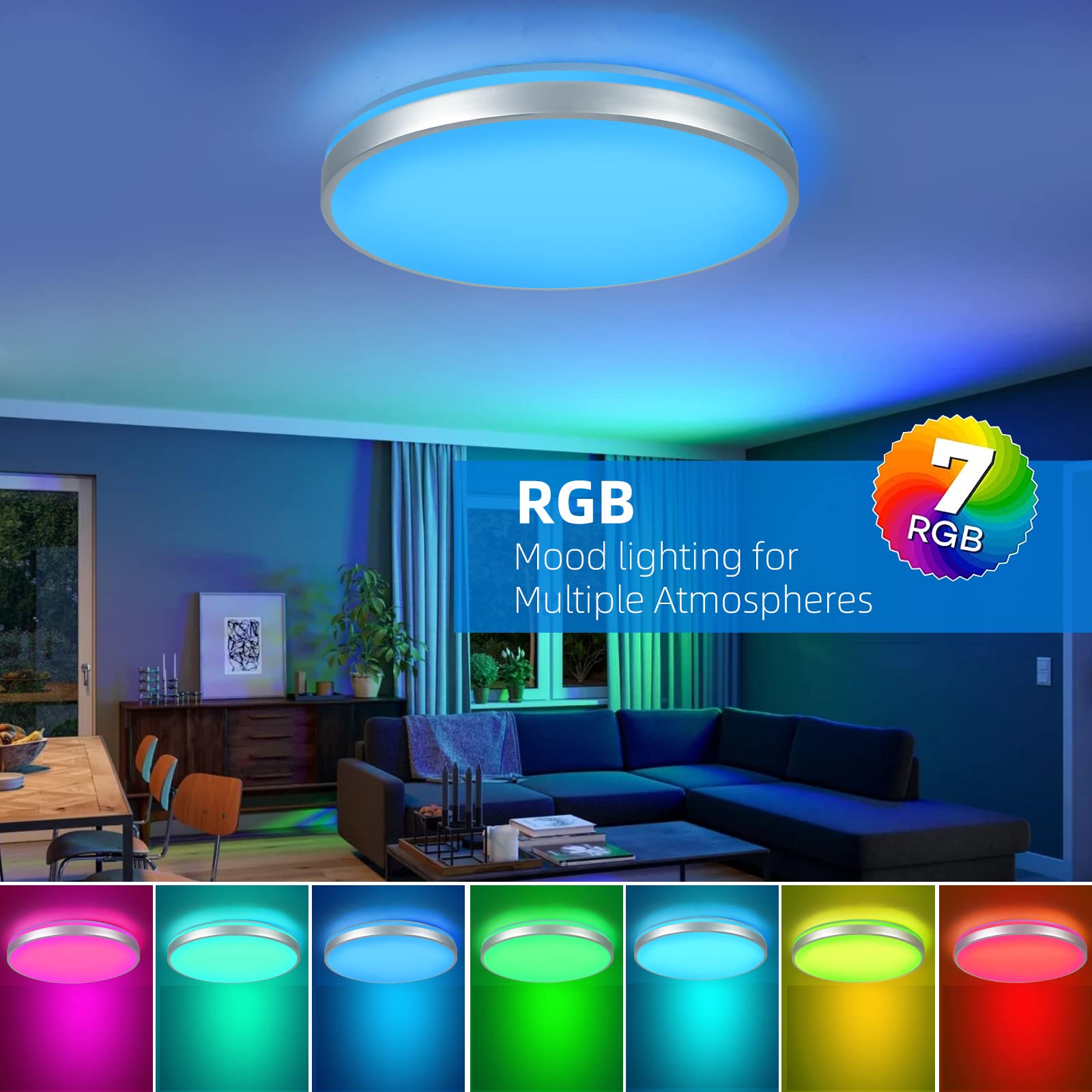 HOREVO Bathroom Ceiling Light with Bluetooth Speaker, 24W Dimmable, LED Flush Mount, Silver, Model X002, Large Size