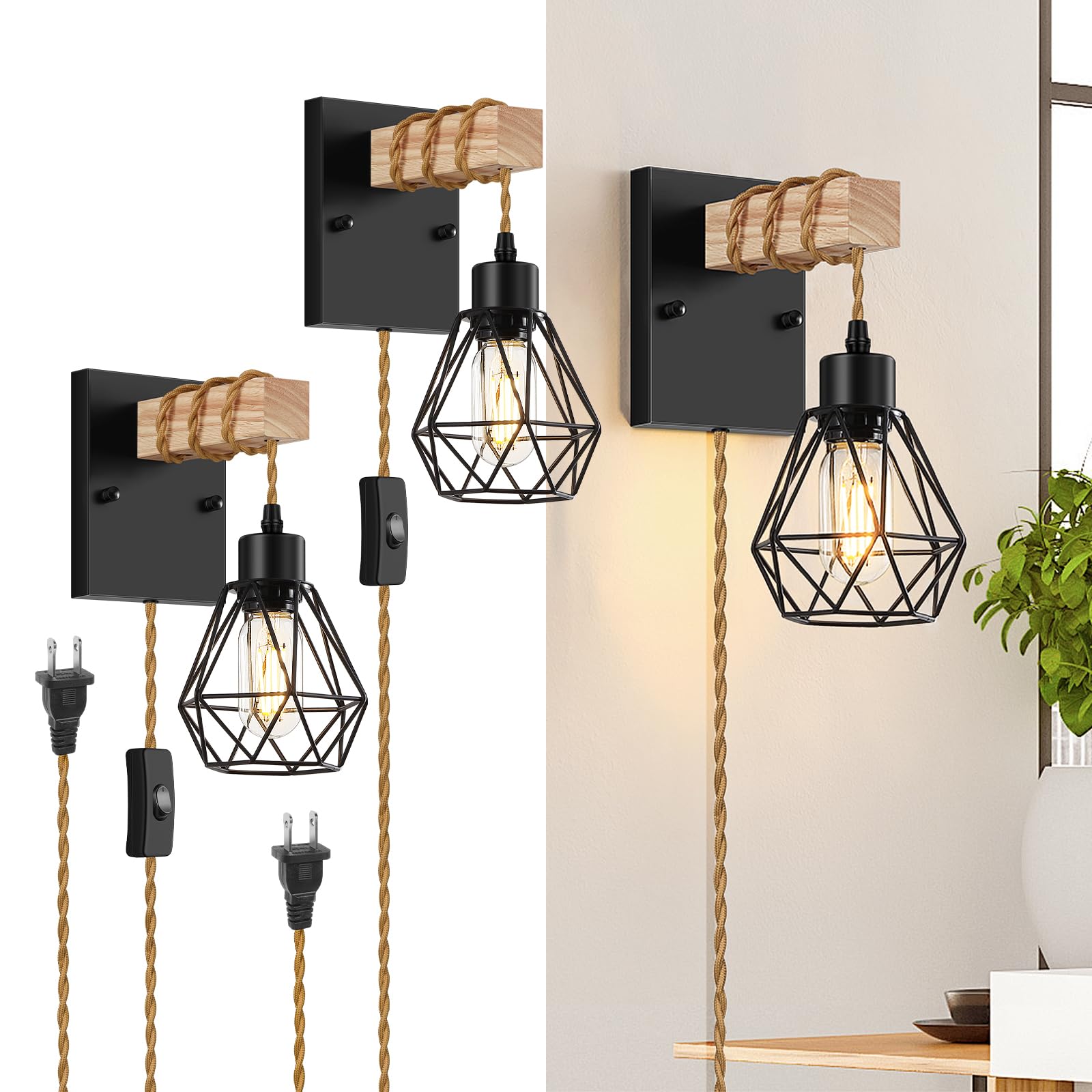 Lomoky Farmhouse Wood Wall Sconces Set of Two, Black, 5.58FT Plug-in Cord, Vintage Lighting for Bedroom Living Room, Model BC-WOOD-2P