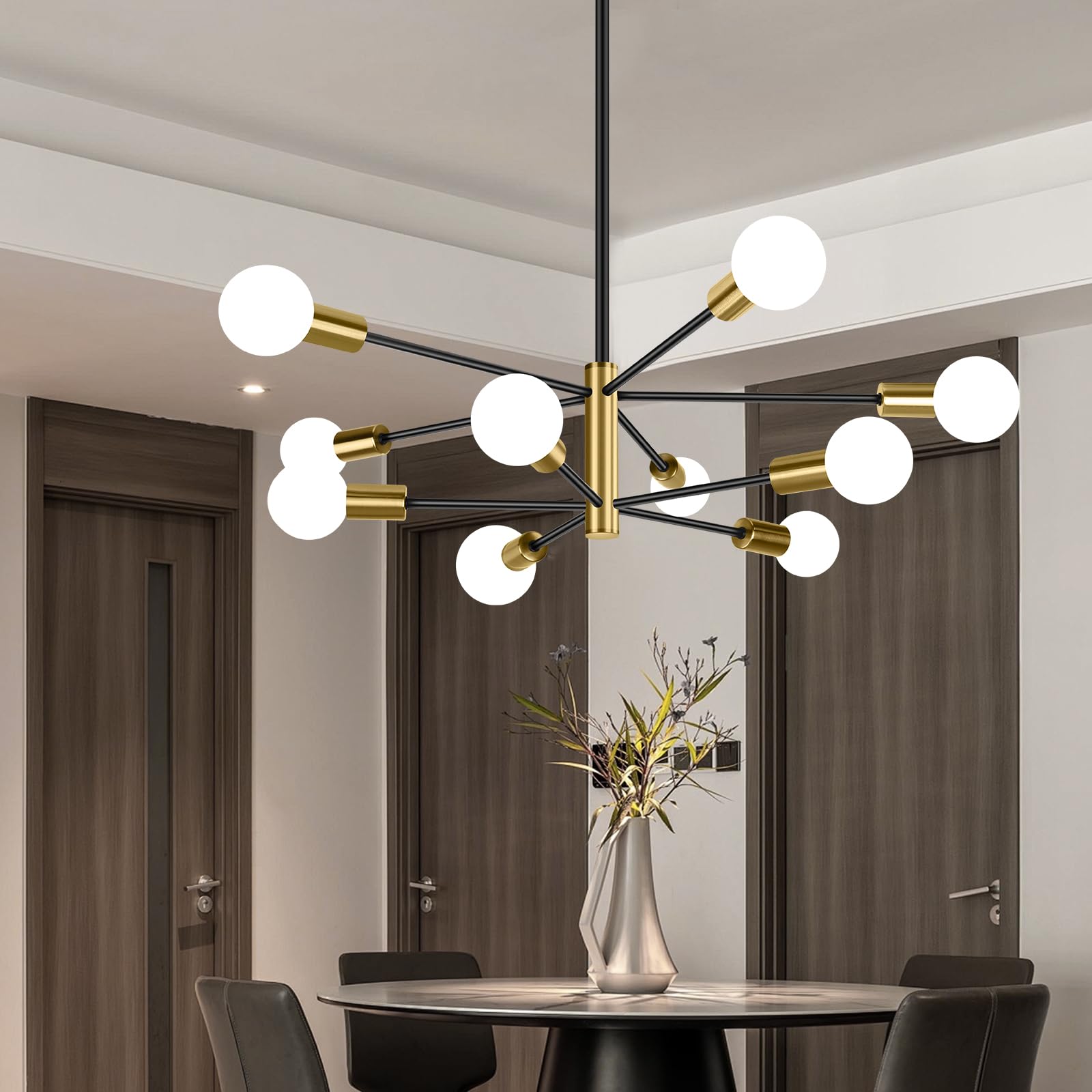 BesLowe 10-Light Modern Sputnik Chandelier, Mid Century Black & Gold Chandeliers Lighting, Farmhouse Ceiling Hanging Light Fixtu