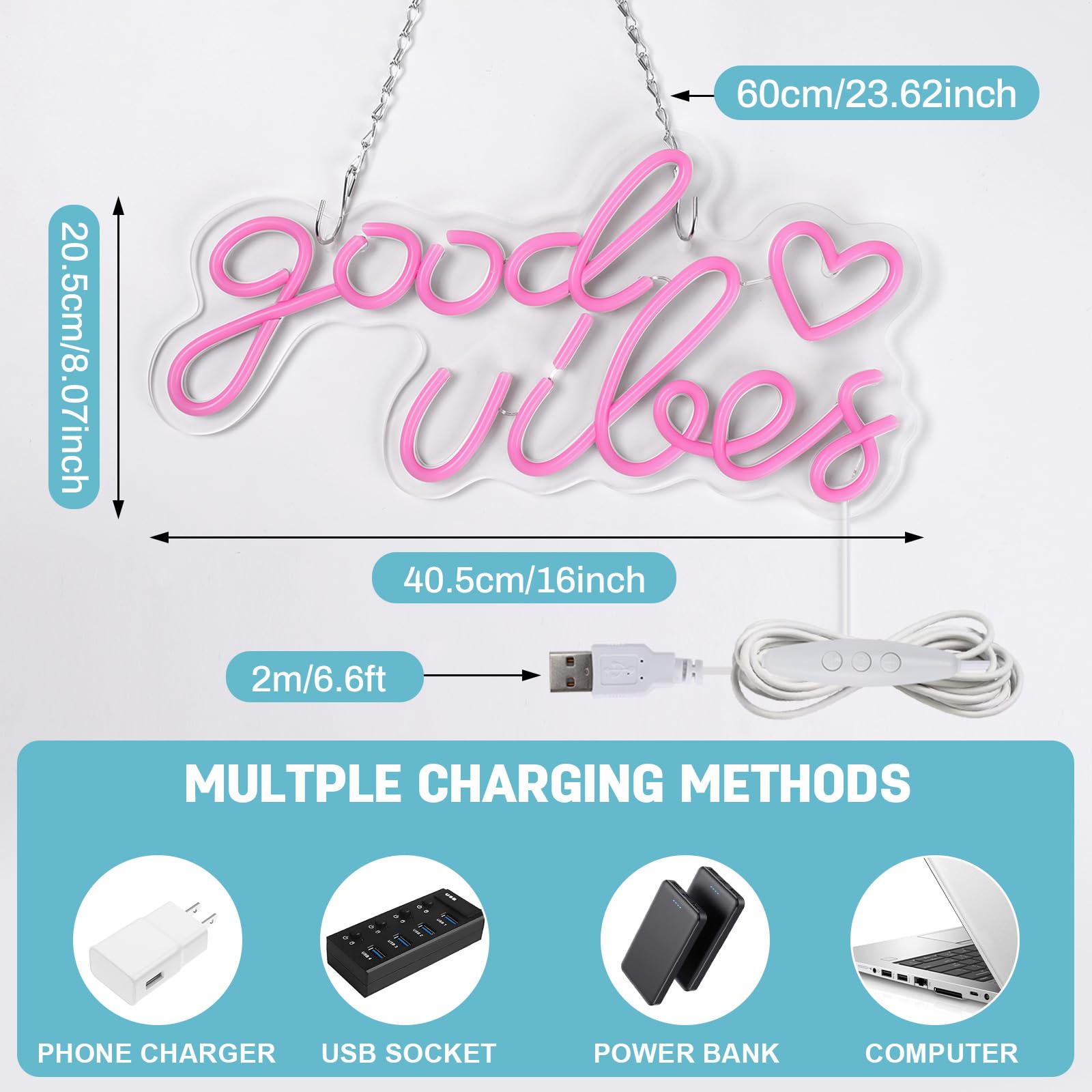 SERBASIC Neon Sign, Dimmable Good Vibes Only, 16inx8in, Pink, Model 820110005, USB Powered Wall Decor for Bedroom, Party, Wedding
