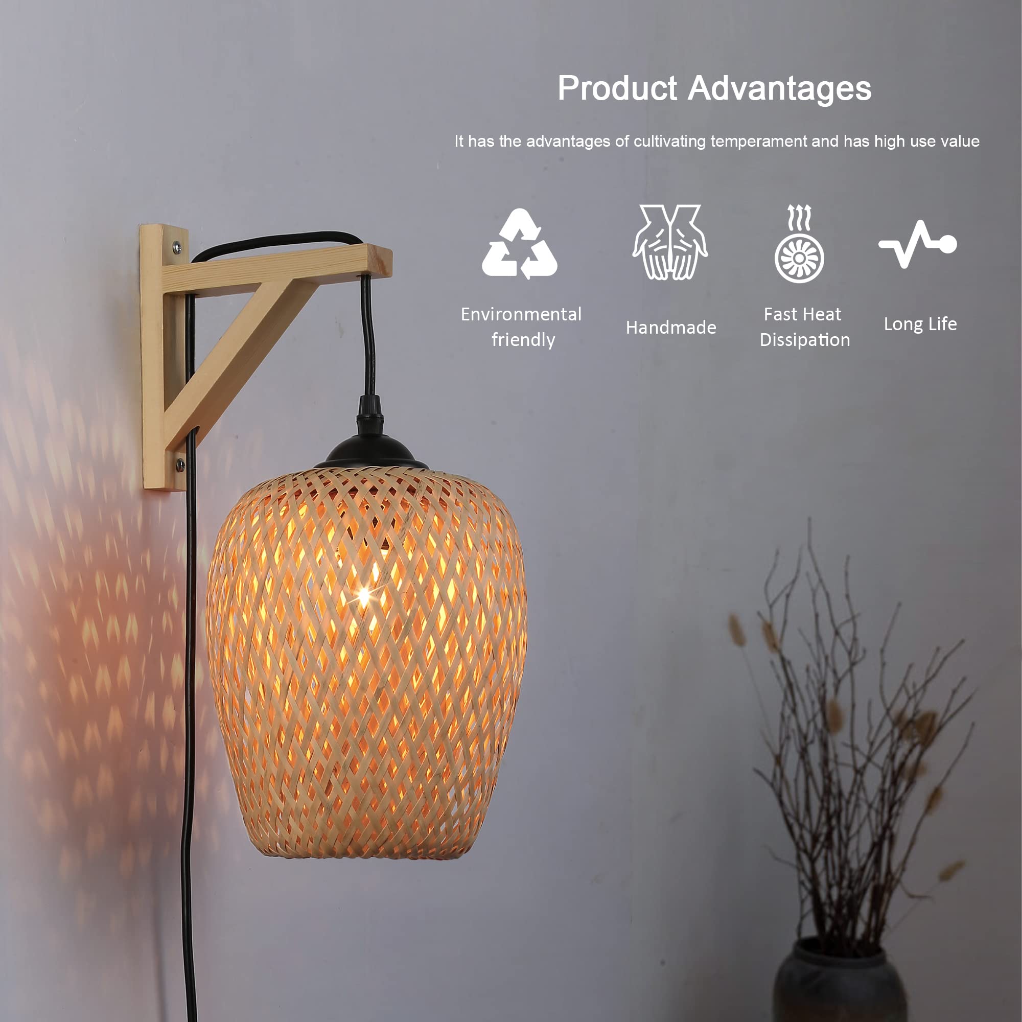 Sunllok Modern Bamboo Wall Light With Switch - Plug In Hanging Wall Mounted Lamp Rustic Woven Bird Nest Rattan Lampshade, Indoor Wood Base Wall Sconces For Living Room, Kitchen Island, Restaurant