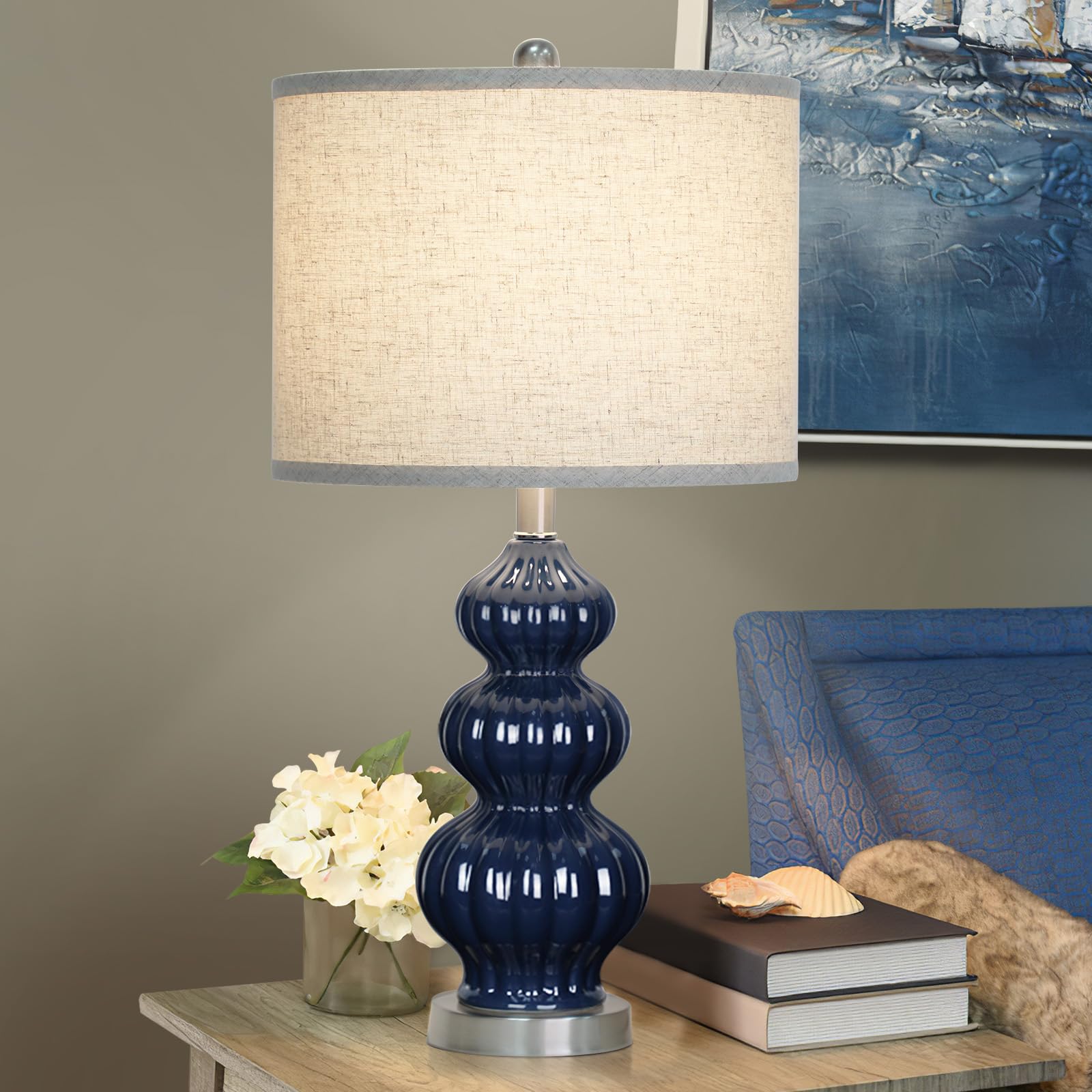 25'' Ceramic Table Lamp Navy Blue Triple Gourd Ceramic Lamp Table Lamp Modern Lamp for Bedroom Living Room, 3-Way Dimmable Bulb 