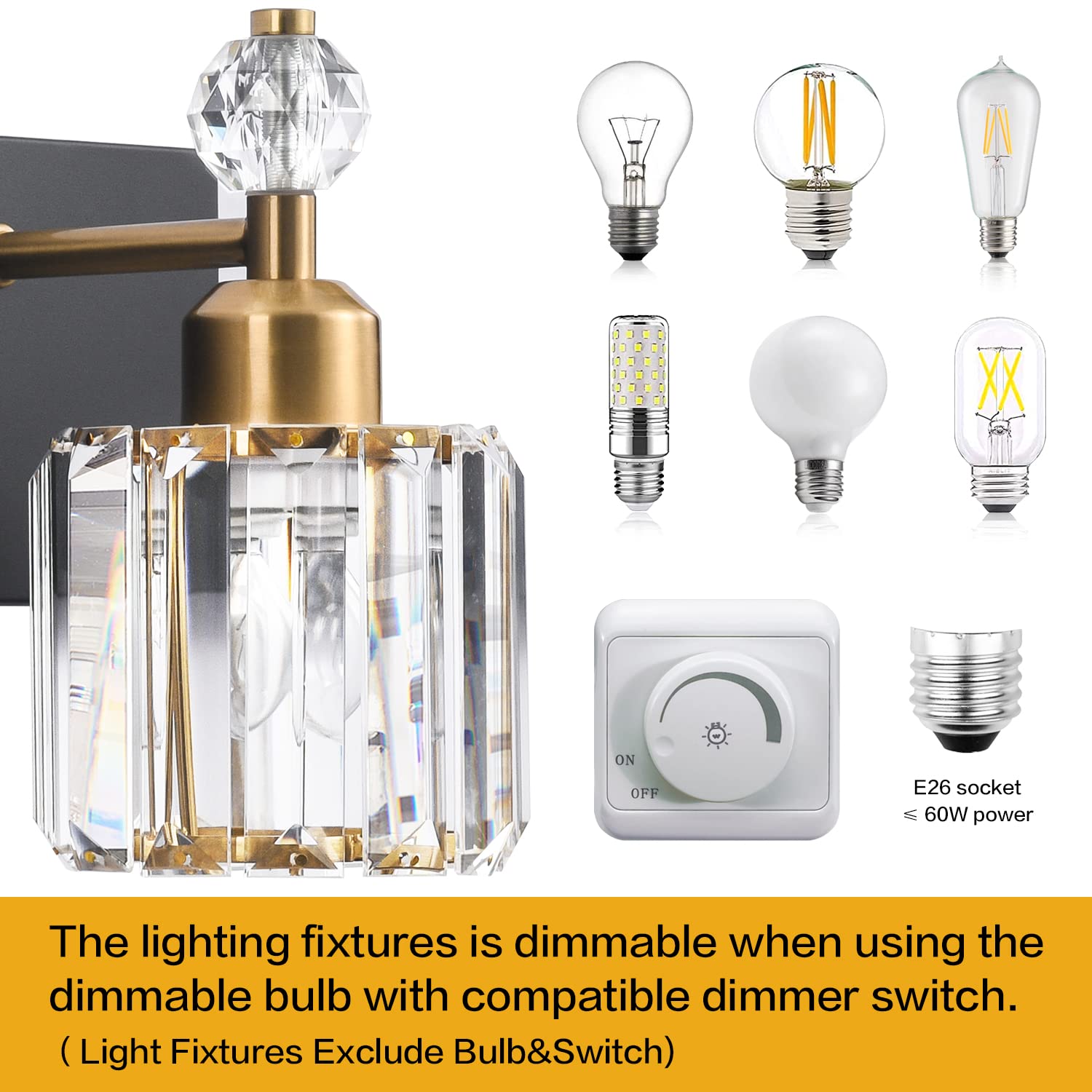 PRESDE 3-Light Bathroom Vanity Lights Fixtures, Black Gold Crystal, Modern Wall Lighting