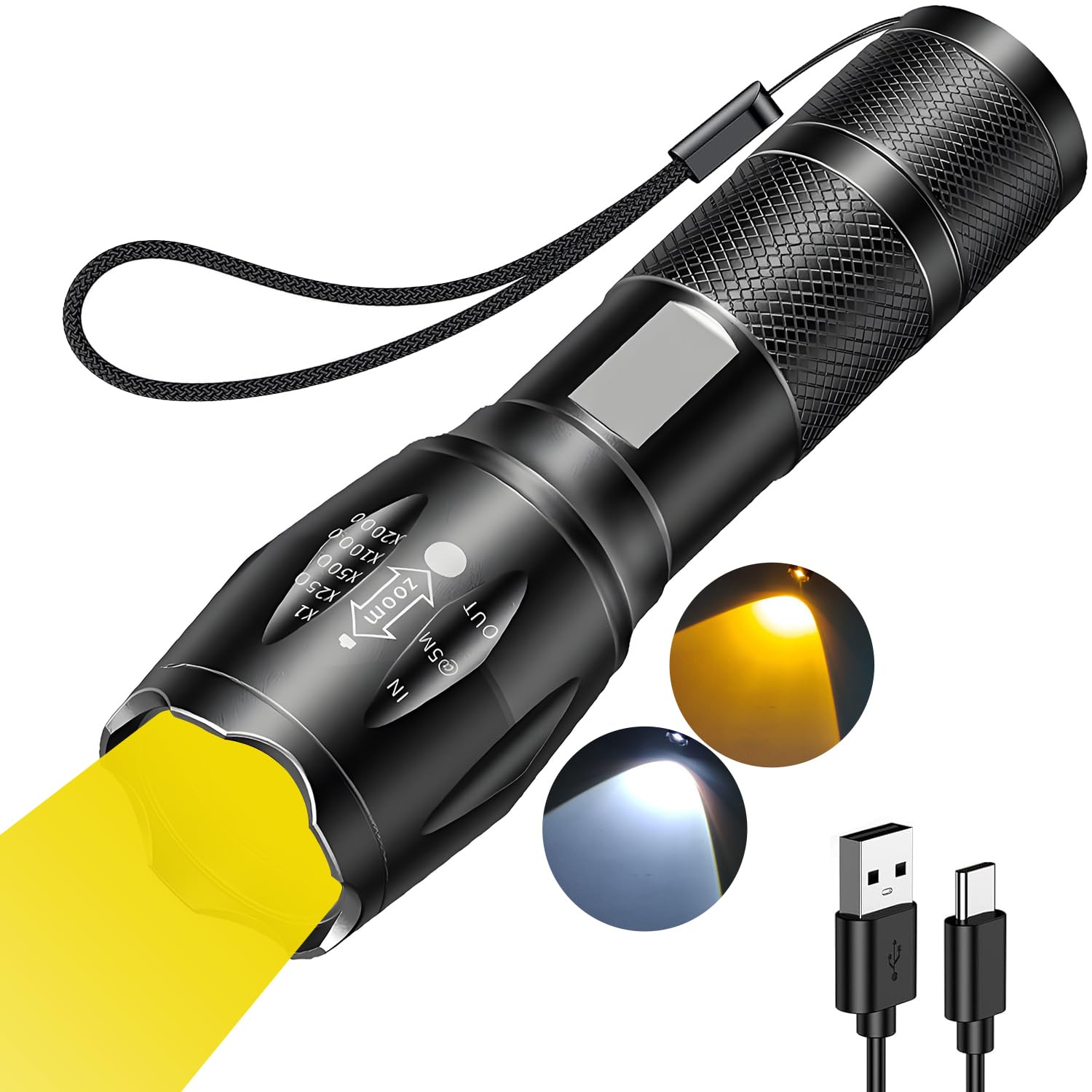 MVIOCS Rechargeable Yellow Light Flashlight with Yellow and White LED Combo, 2000 Lumens Super Bright LED Small Powerful Zoomabl
