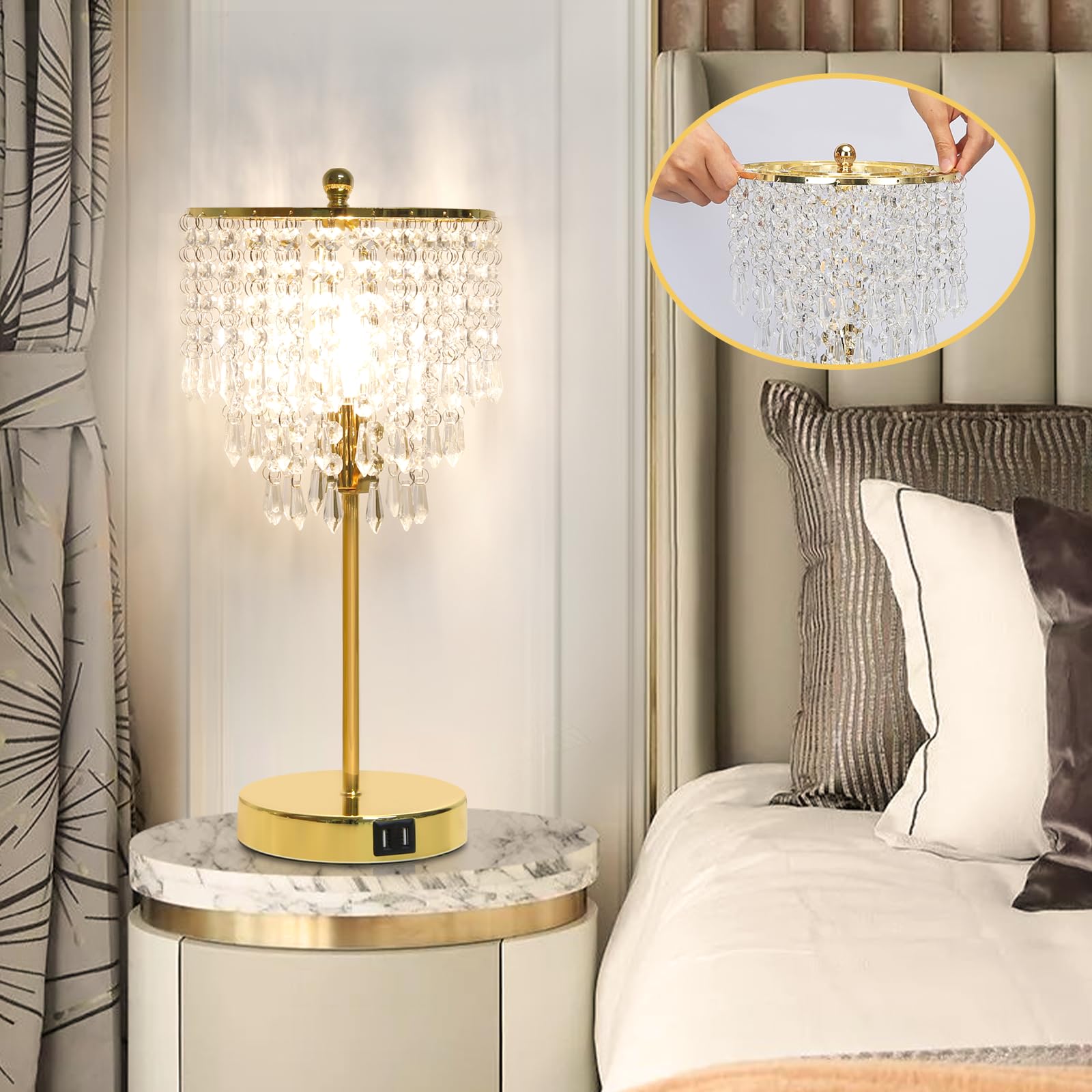 Seaside Village Touch Control Crystal Table Lamp, 3-Way Dimmable Gold, Dual USB Ports, 6W LED Bulb Included, Model 13047
