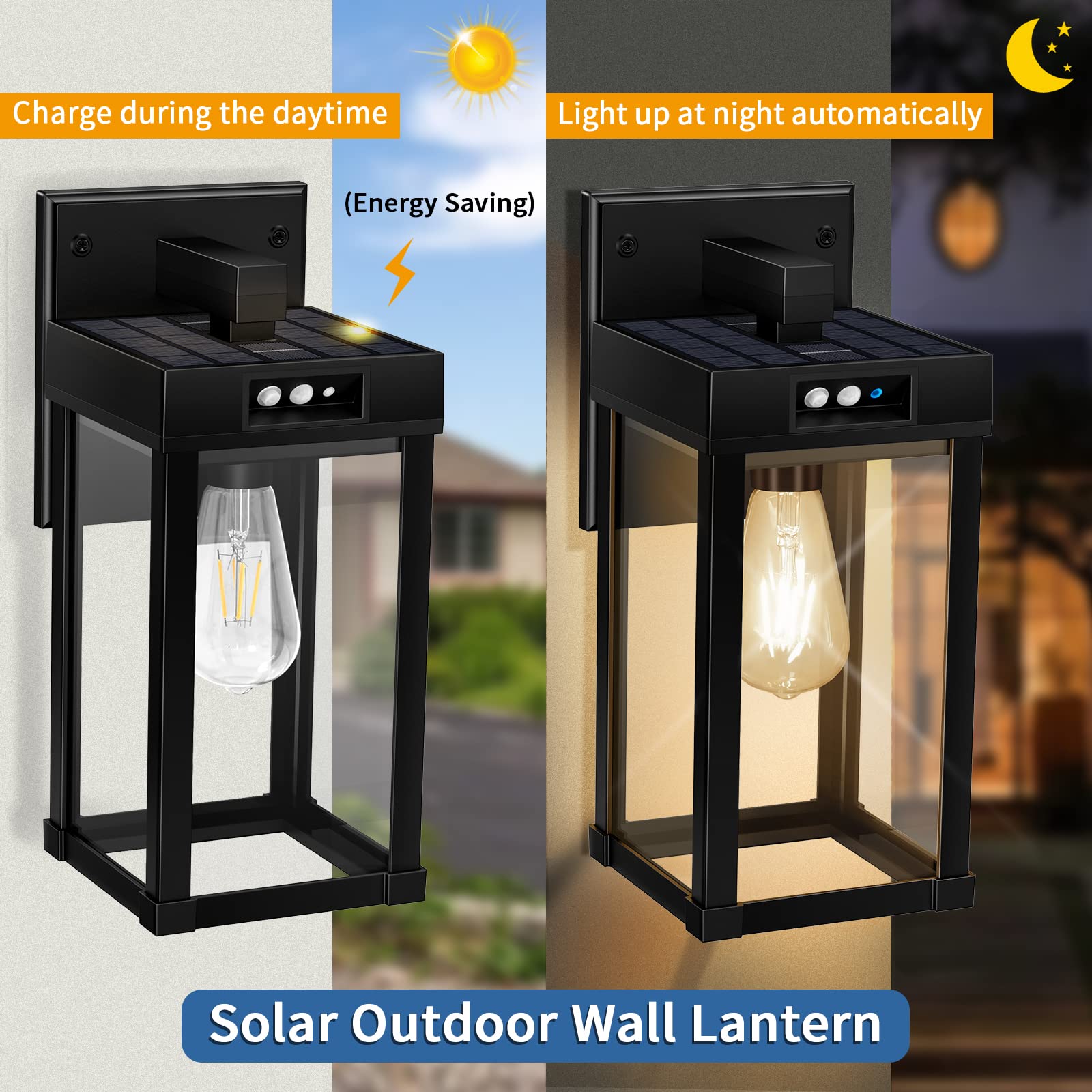Aqonsie Solar Wall Lights, 3 Lighting Modes, Motion Sensor, Black (2 Pack), Waterproof Plastic Fixture for Garage Porch Yard