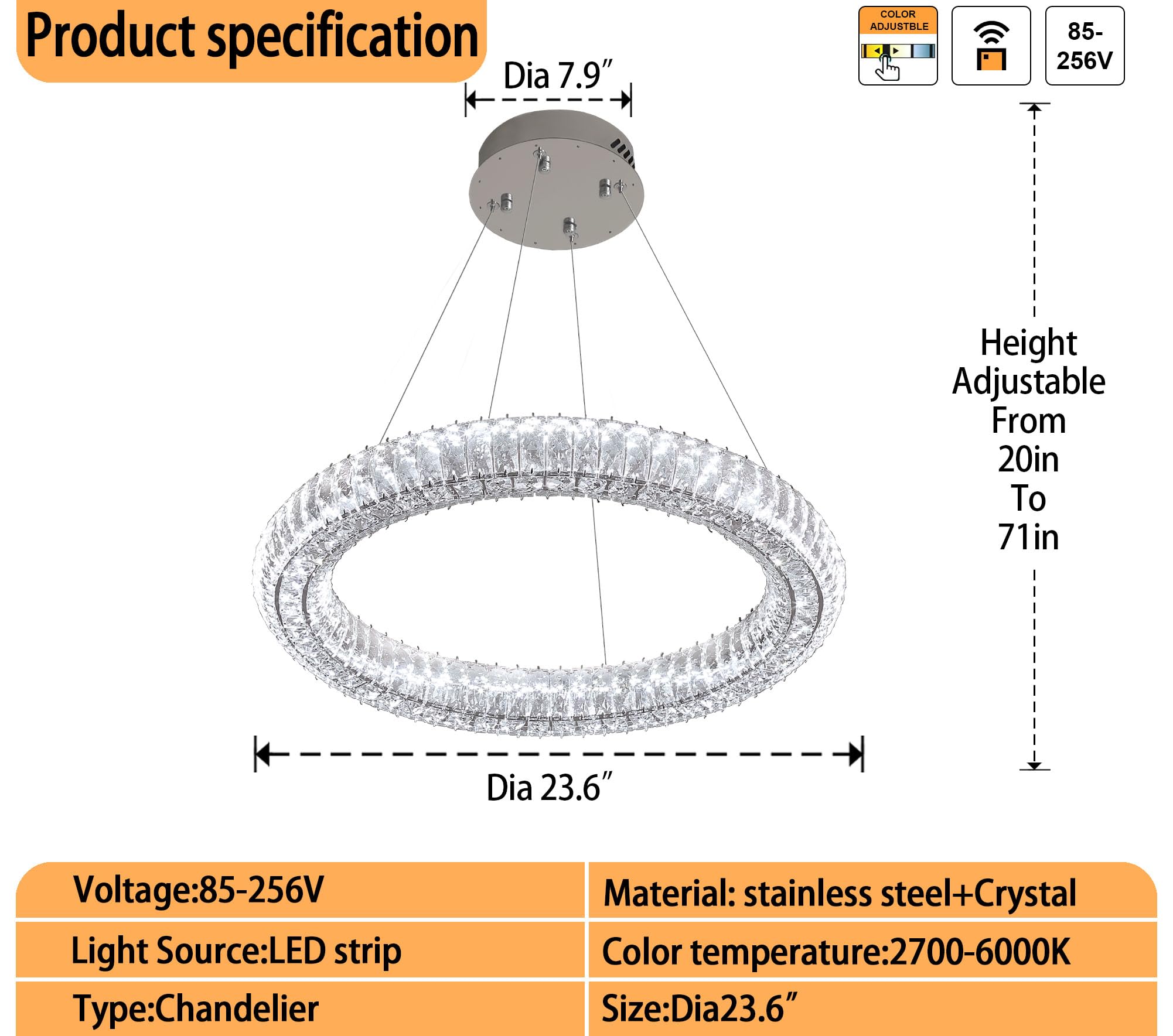 IDEQUY Modern Crystal Chandelier LED Pendant Light, 23.6" Adjustable Round Chrome Fixture for Dining Room, Dimmable, Silver