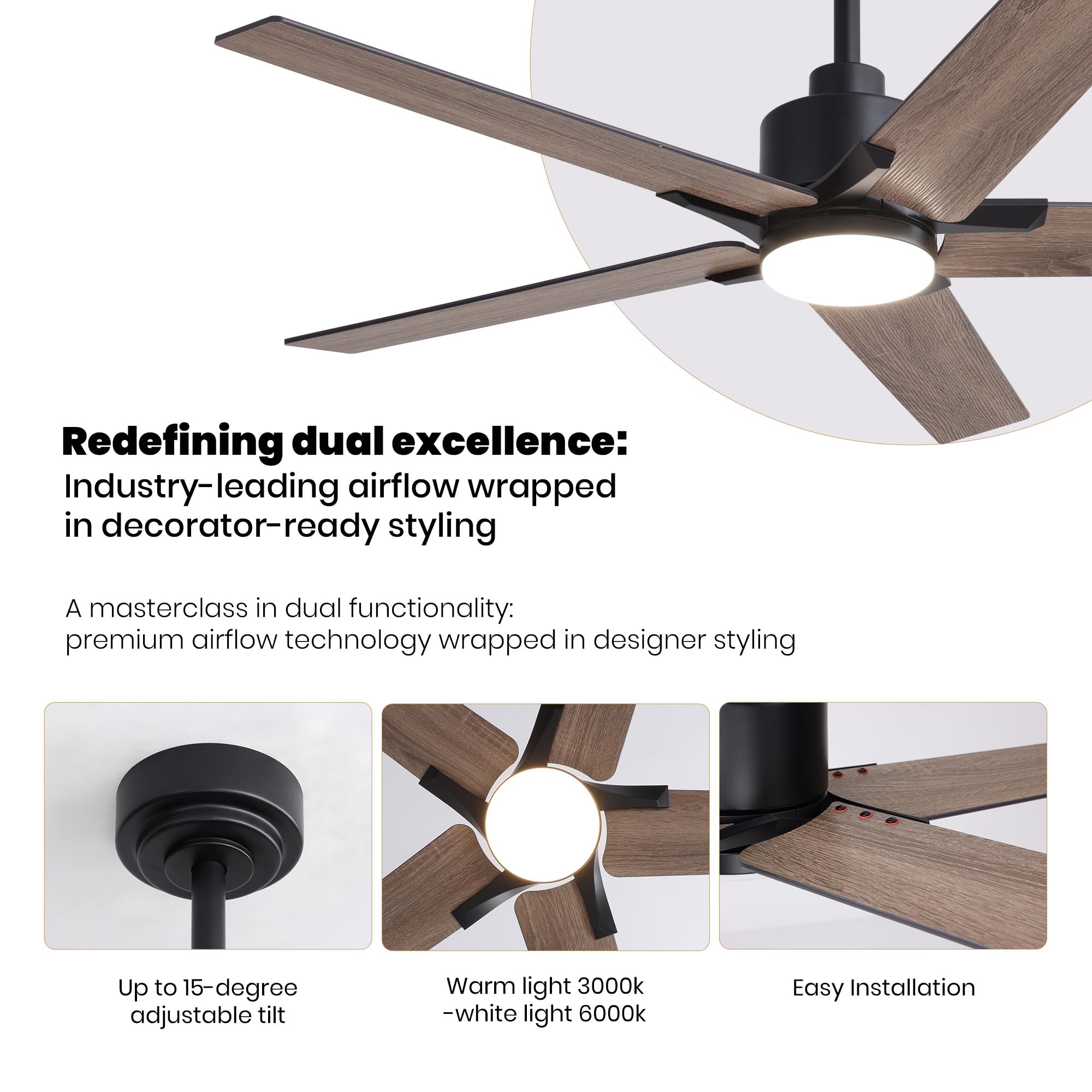 Nuoqiso 52 Inch Ceiling Fan with Lights, Remote Control, Quiet DC Motor, Dimmable LED, Black, Model FS-8921-father