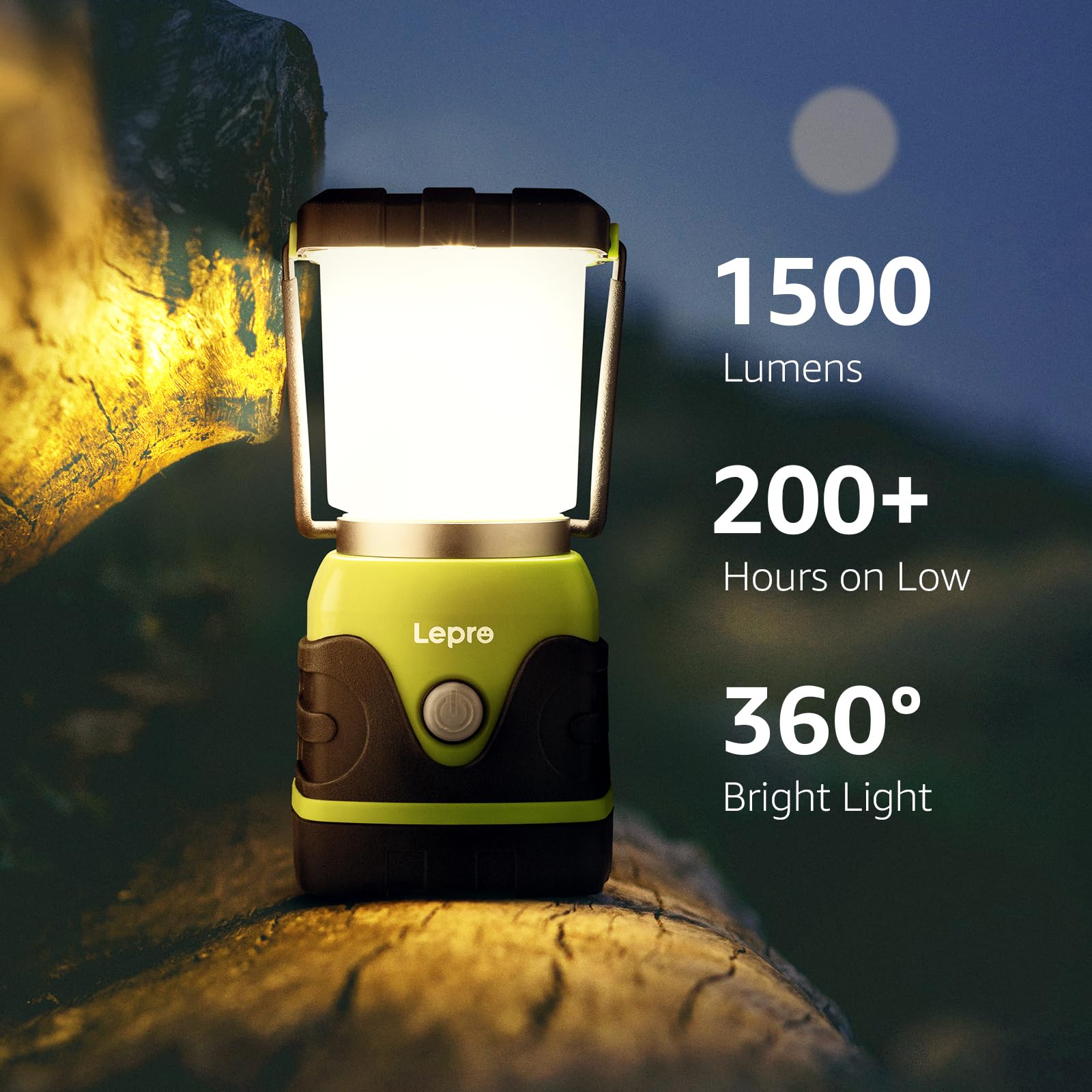Lepro 1500LM Battery Powered LED Camping Lantern, Waterproof, 9.5x8.8x18.4cm, Green, Model PR330042