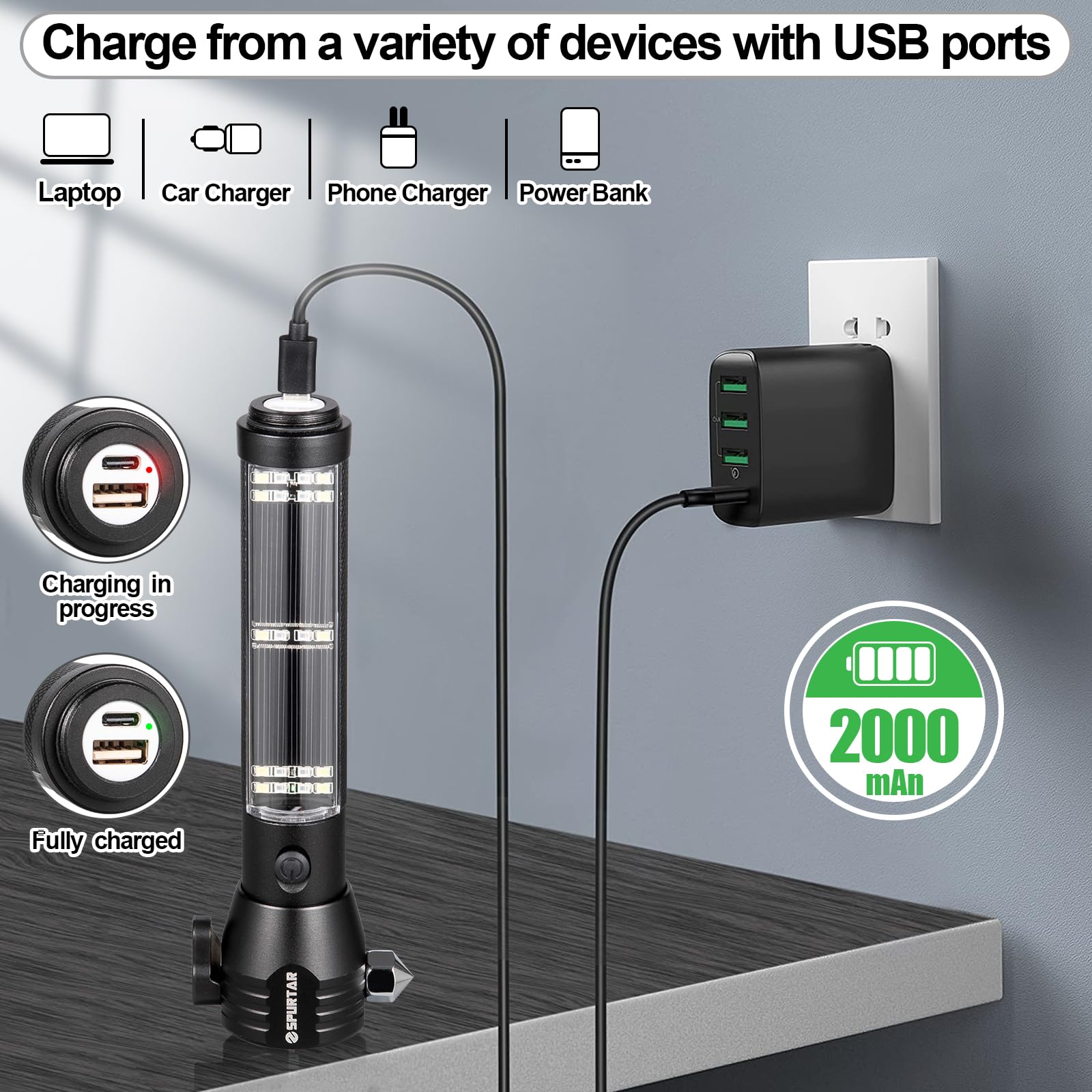 Spurtar Solar/Rechargeable LED Flashlight, 2 Packs 2000mAh USB Rechargeable Tactical Torch Multi Function Ultra Bright Flashligh