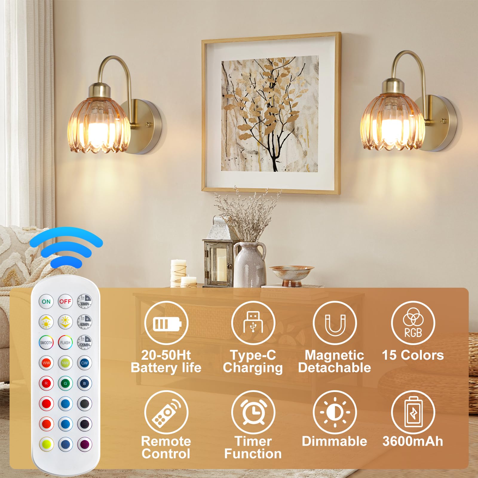 HMLUESR Vintage Battery Operated Wall Sconces Set of Two, Tulip Glass Lampshade Wireless Rechargeable Wall Lights,Gold Wall Lamp