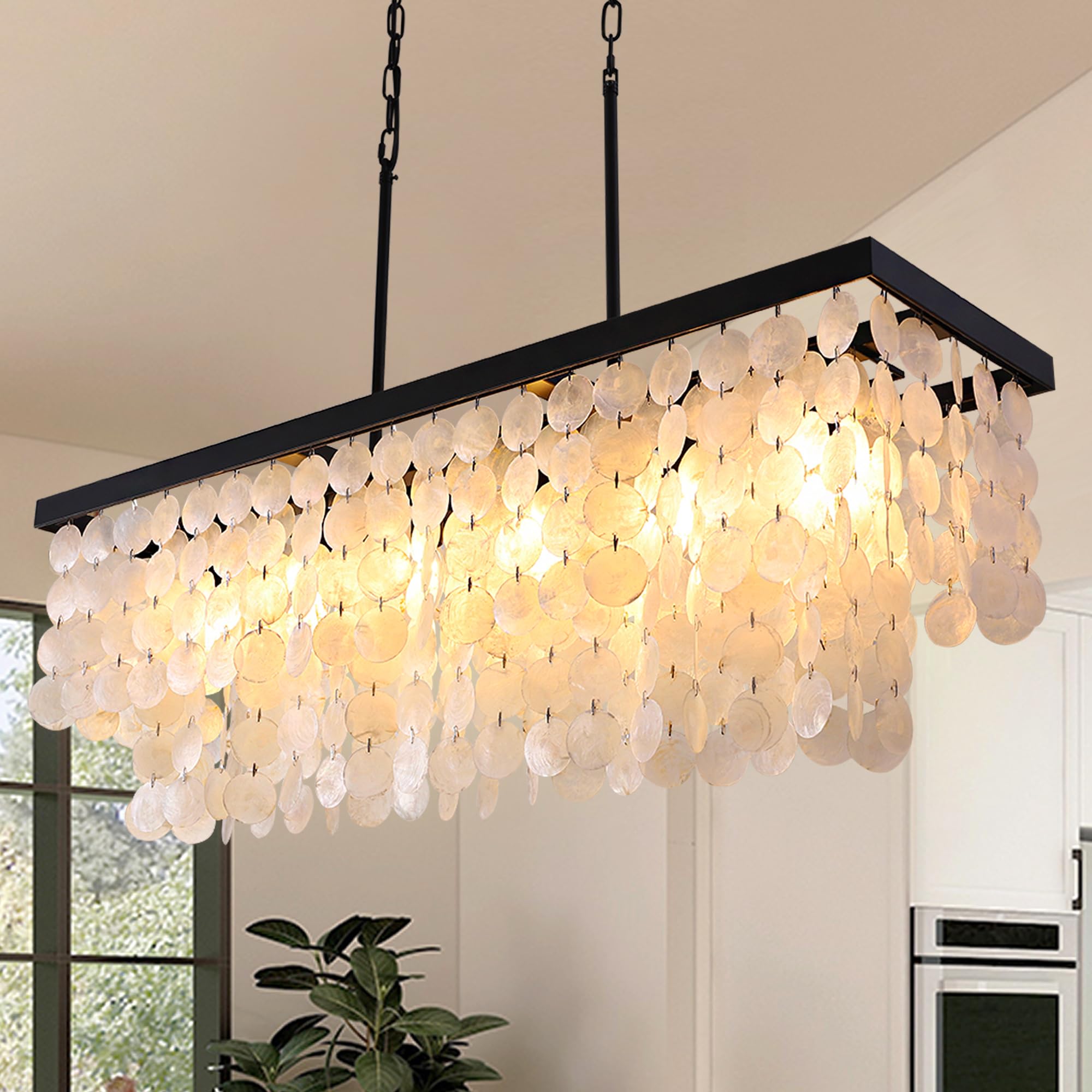 TOCHIC Rectangular Capiz Shell Chandelier, Coastal Beach Lighting 6 Lights, Modern Black Chandelier Shell Pendant Light for Kitc