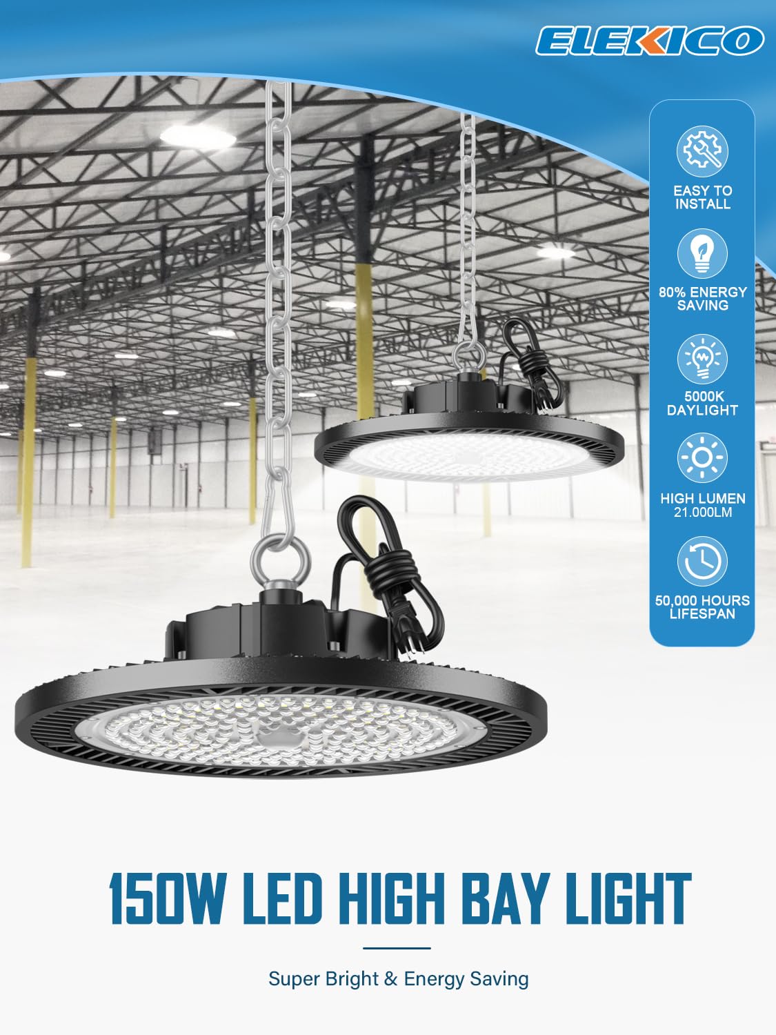 ELEKICO UFO High Bay Light 150W 5000K Daylight - 21000Lm Shop Lights, 6 Pack for Garage, Warehouse, Workshop, Factory, Barn