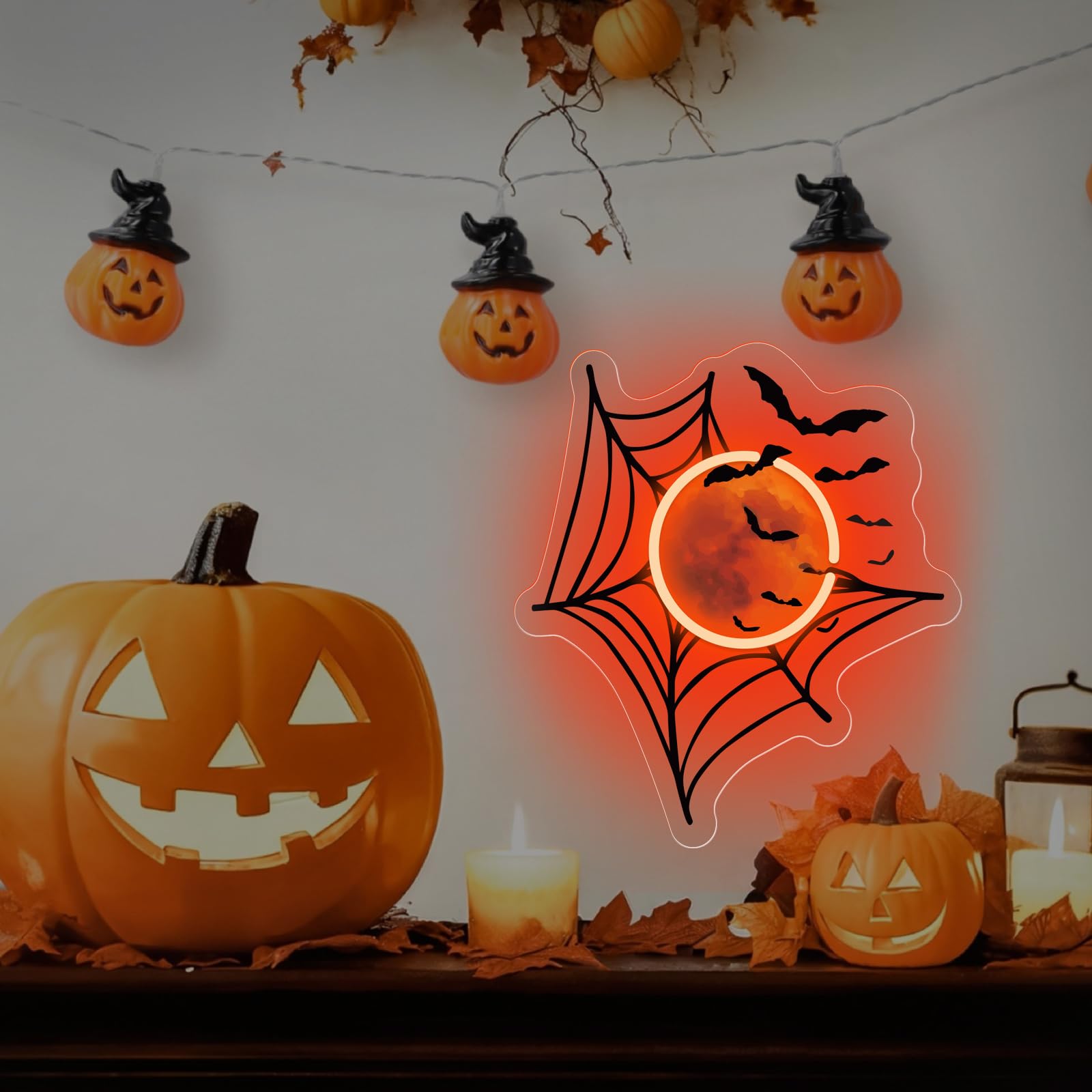 Spider Web Moon And Bats Corner Decor  Halloween Neon Sign  Fireplace Decor  Gift For Family  Spooky Wall Decoration  13.8X12.6