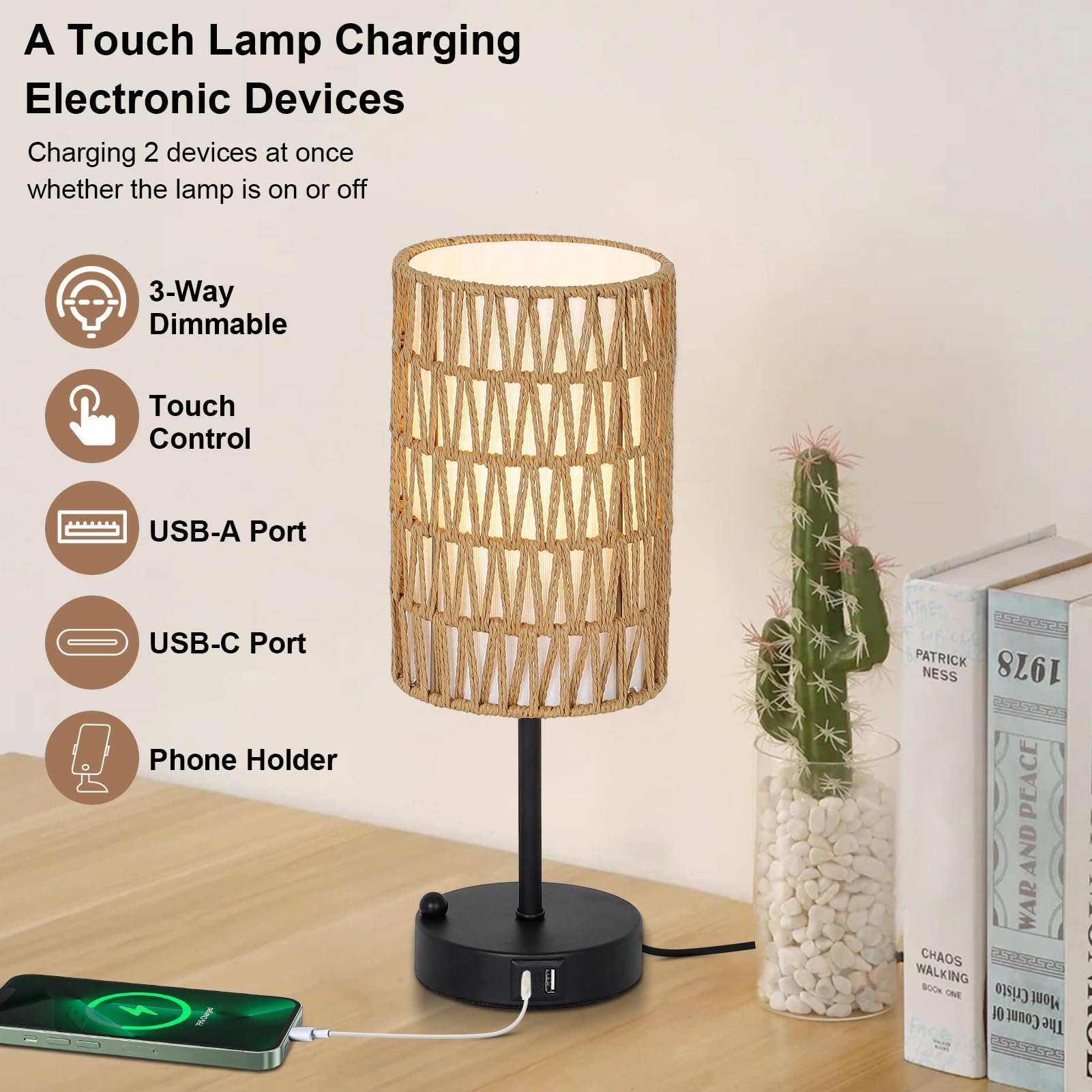Touch Table Lamp Set Of 2 For Bedroom With Bulb, Boho Small Desk Lamp For Living Room With Rattan & Linen Shade, 3 Way Dimmable