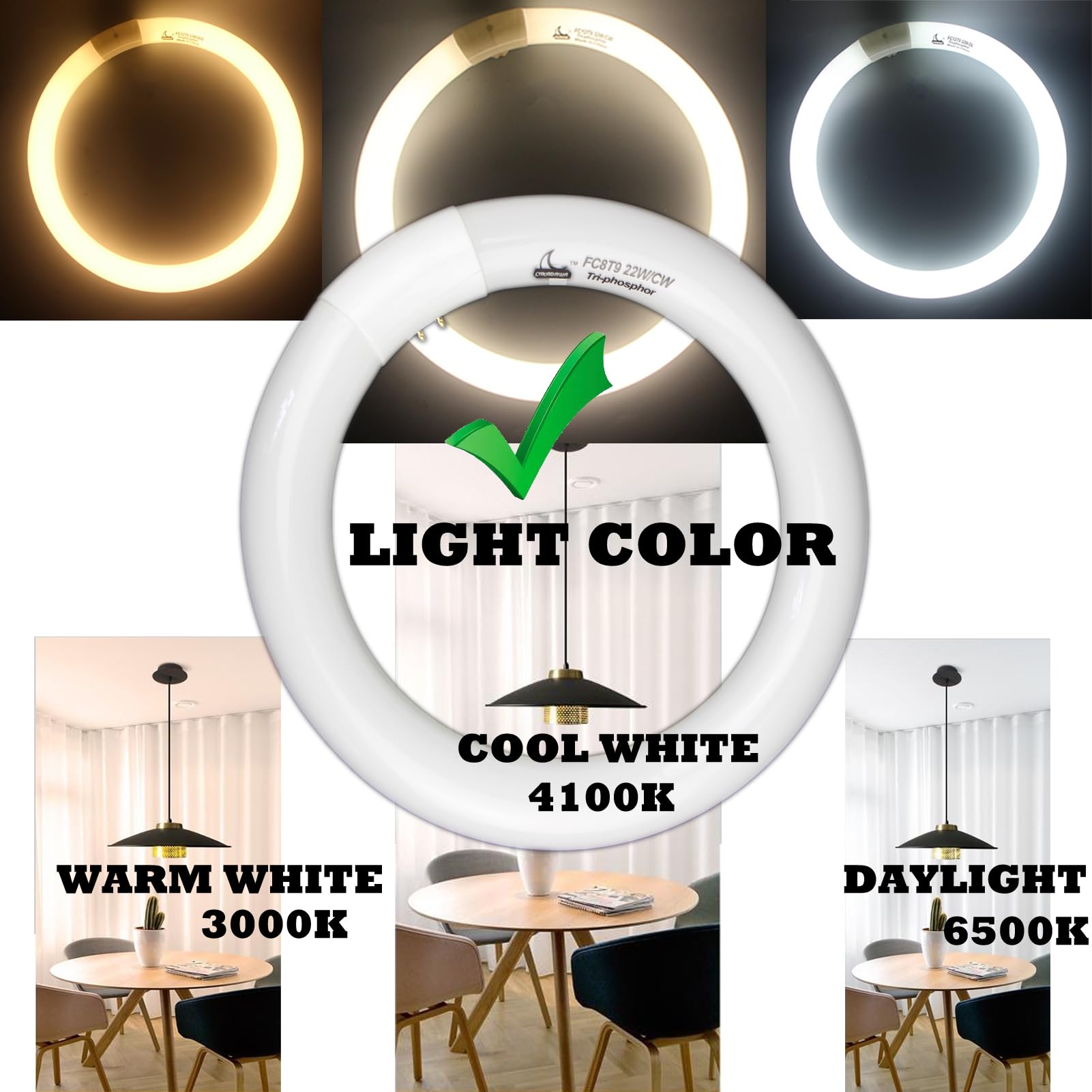 Chkadawa Fc8T9/Cw Circular Fluorescent Light Bulb, 8 Inch Round T9 22W Circline Bulbs Replacement For Circle Ceiling Fixture, Co