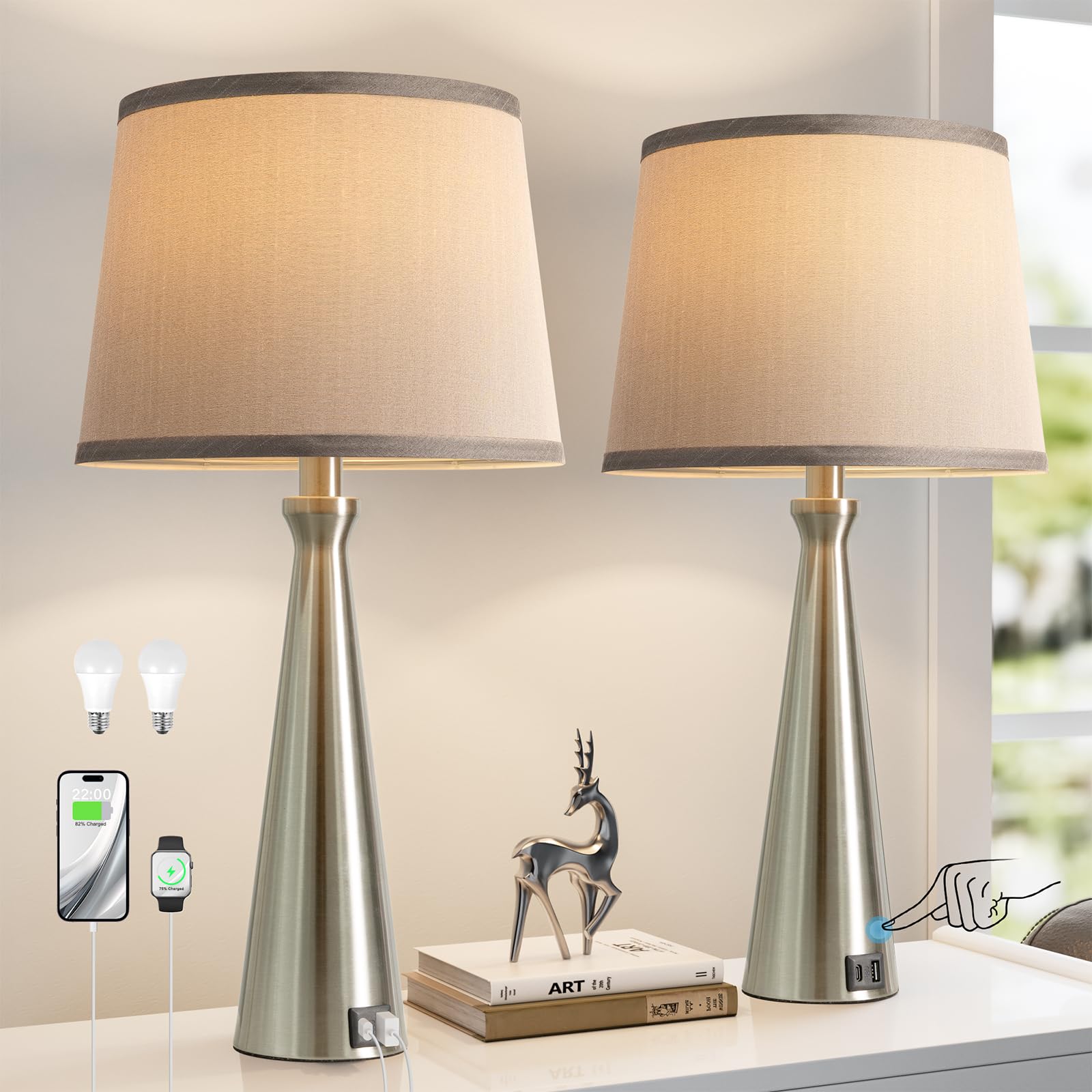 Seealle Modern Table Lamps Set of 2 - Touch Bedside Lamp for Nightstand with Dual USB C+A 3-Way Dimmable Silver Nightstand Lamps for Living Room Bedroom End Table with Grey Shade(Bulb Included)