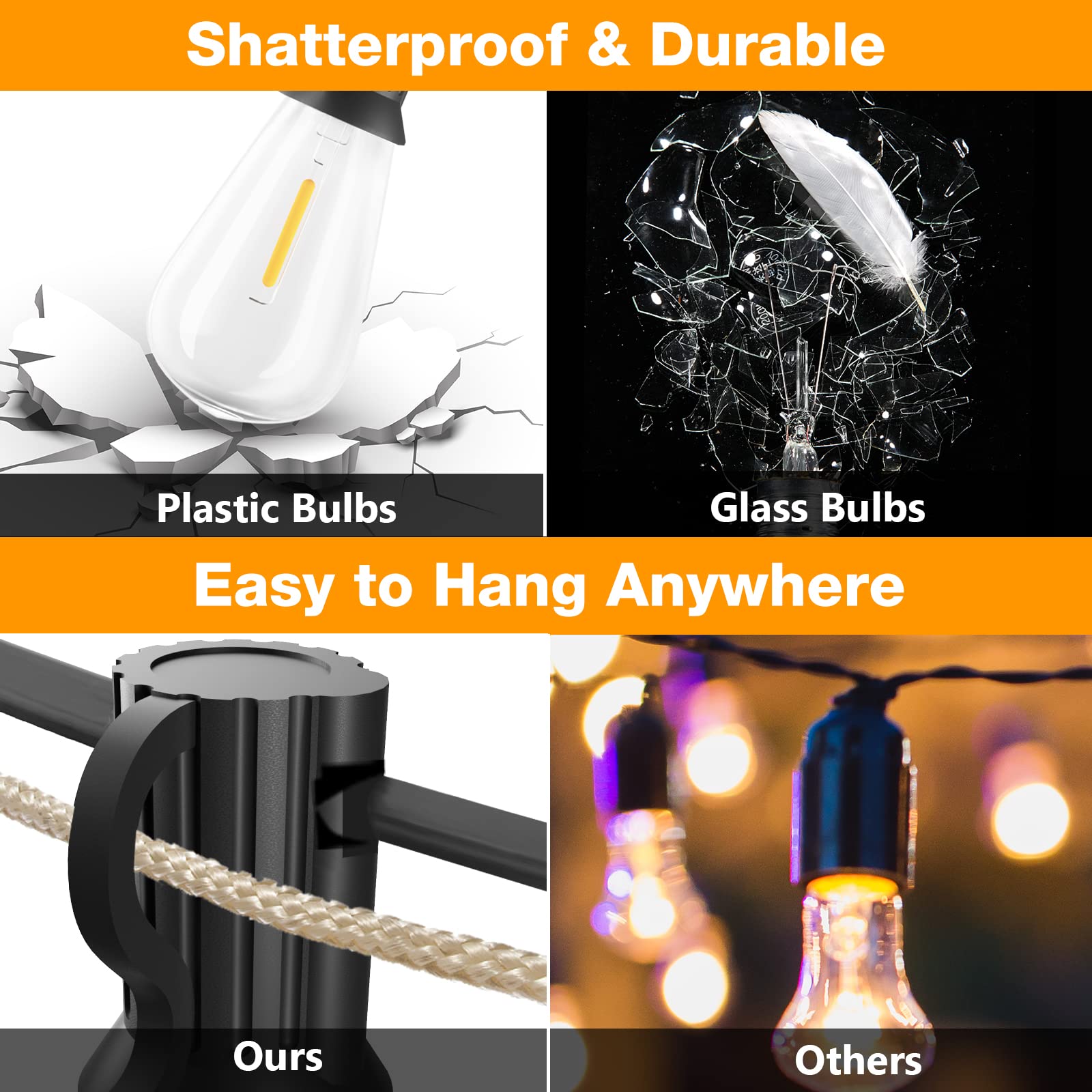 GLUROO Outdoor String Lights, 180FT Shatterproof LED, Vintage Bulbs, Waterproof, Connectable, Black