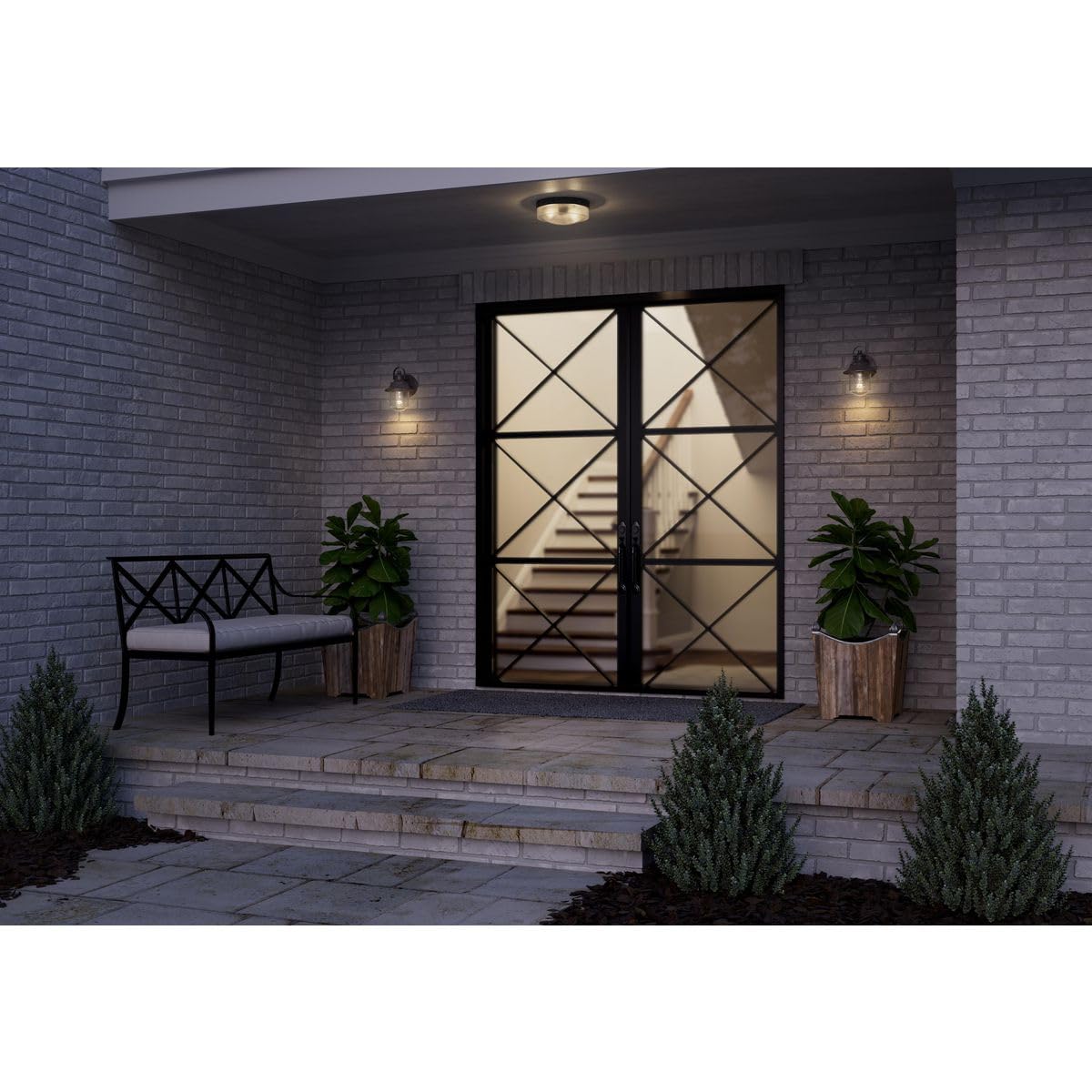 Progress Lighting Weldon Collection 2-Light Clear Seeded Glass Farmhouse Outdoor Ceiling Flush Mount Light Textured Black