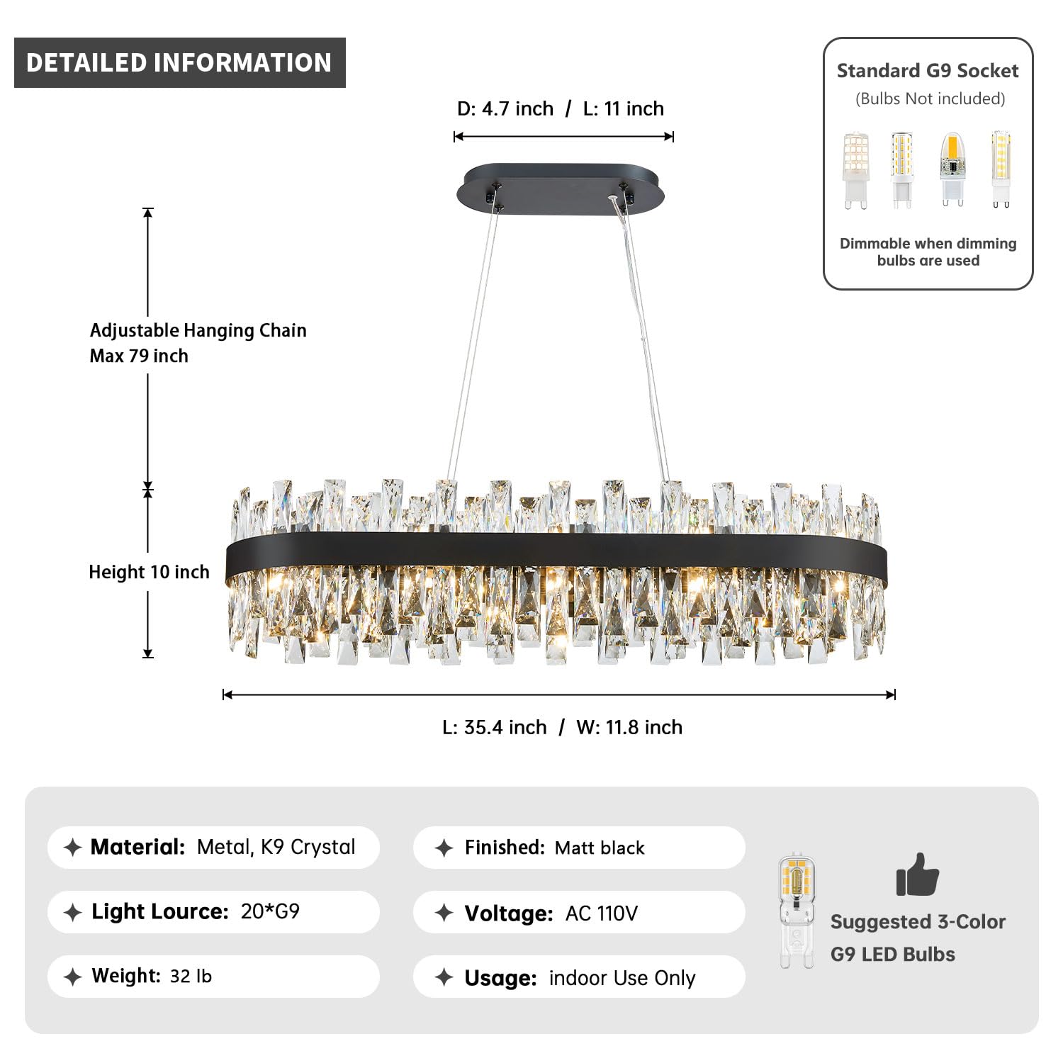 TMAFON Modern Black Crystal Chandelier, Rectangle 35.4" K9 Raindrop Light Fixture for Dining Room & Kitchen Island