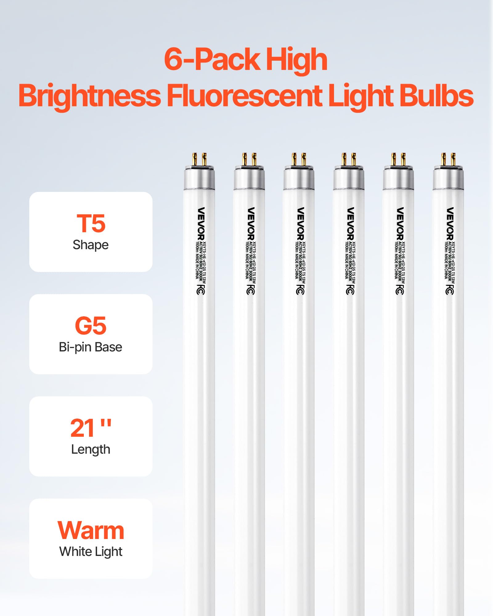 VEVOR 6 Pack T5 Fluorescent Light Bulbs, 21-Inch Linear, Fluorescent Tube Lamp with 3000K Warm White, 13 Watts, G5 Bi-Pin Base,