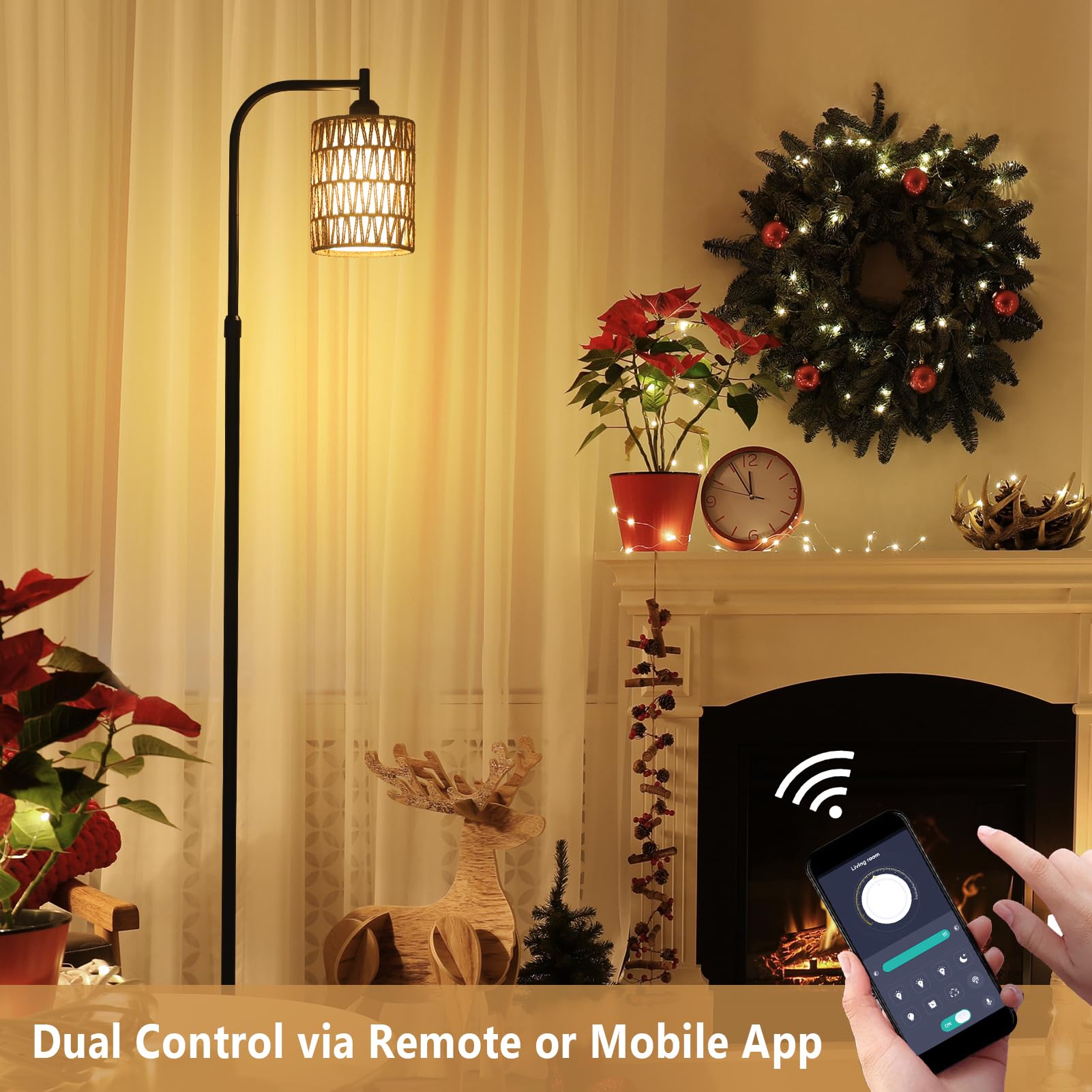 Lamsu Floor Lamp With Remote, Dimmable Rattan Floor Lamp With Led Bulb, Industrial Black Tall Pole Lamp With Rattan & Fabric Sha