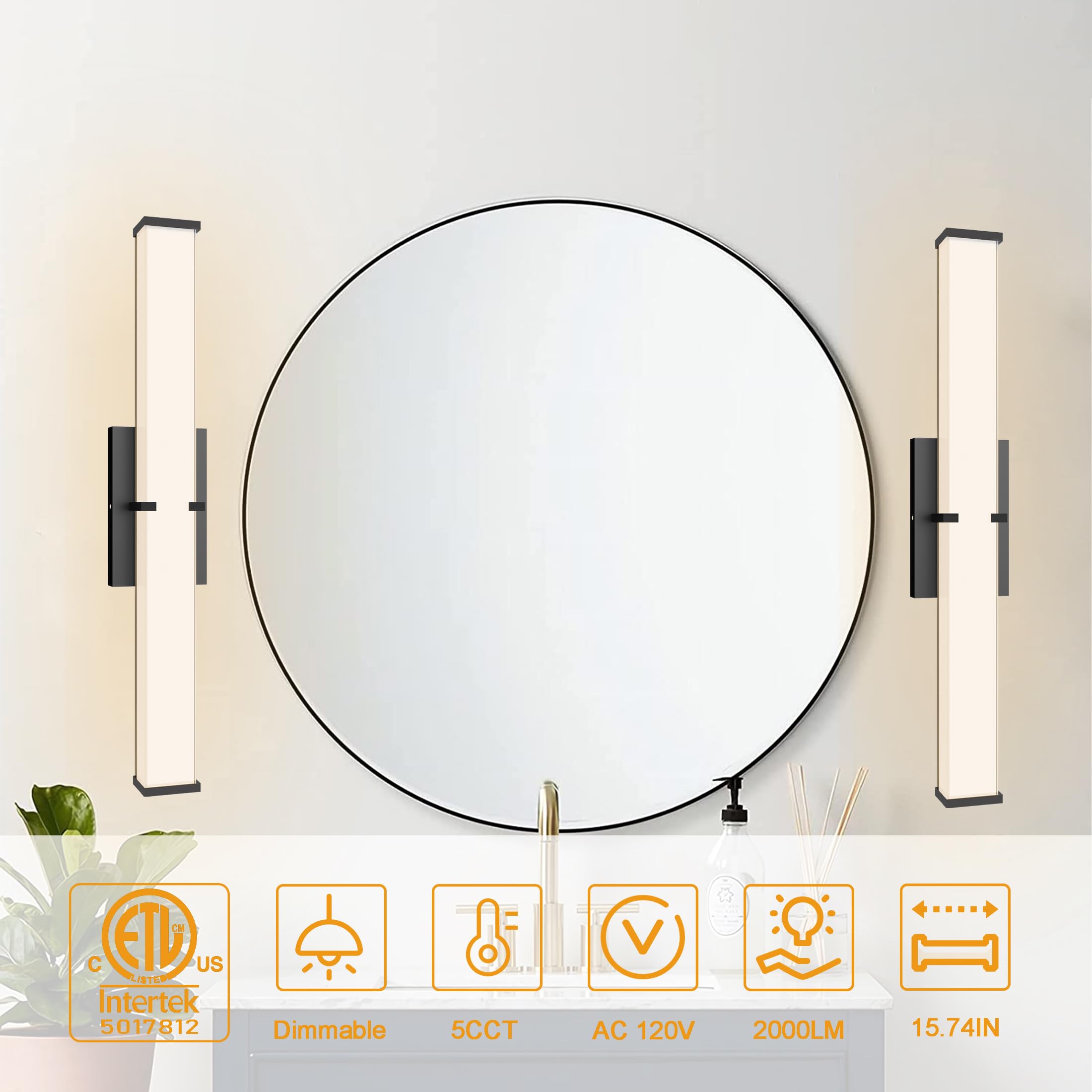 Novelux 15.74Inch 2000Lm Bathroom Light Fixtures 5Cct Optional  Black Modern Led Vanity Lights Clear Shade  Dimmable Bathroom Lighting Fixtures Over Mirror - Etl Listed