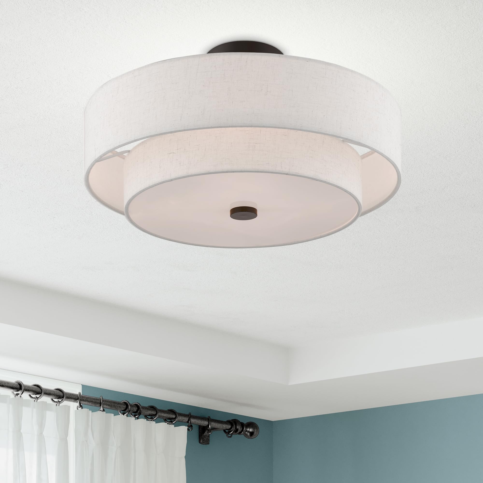 Livex Lighting 4-Light Semi Flush Mount Fixture, Oatmeal Fabric Shade, 18inL x 18inW x 9inH, English Bronze, Model 51085-92