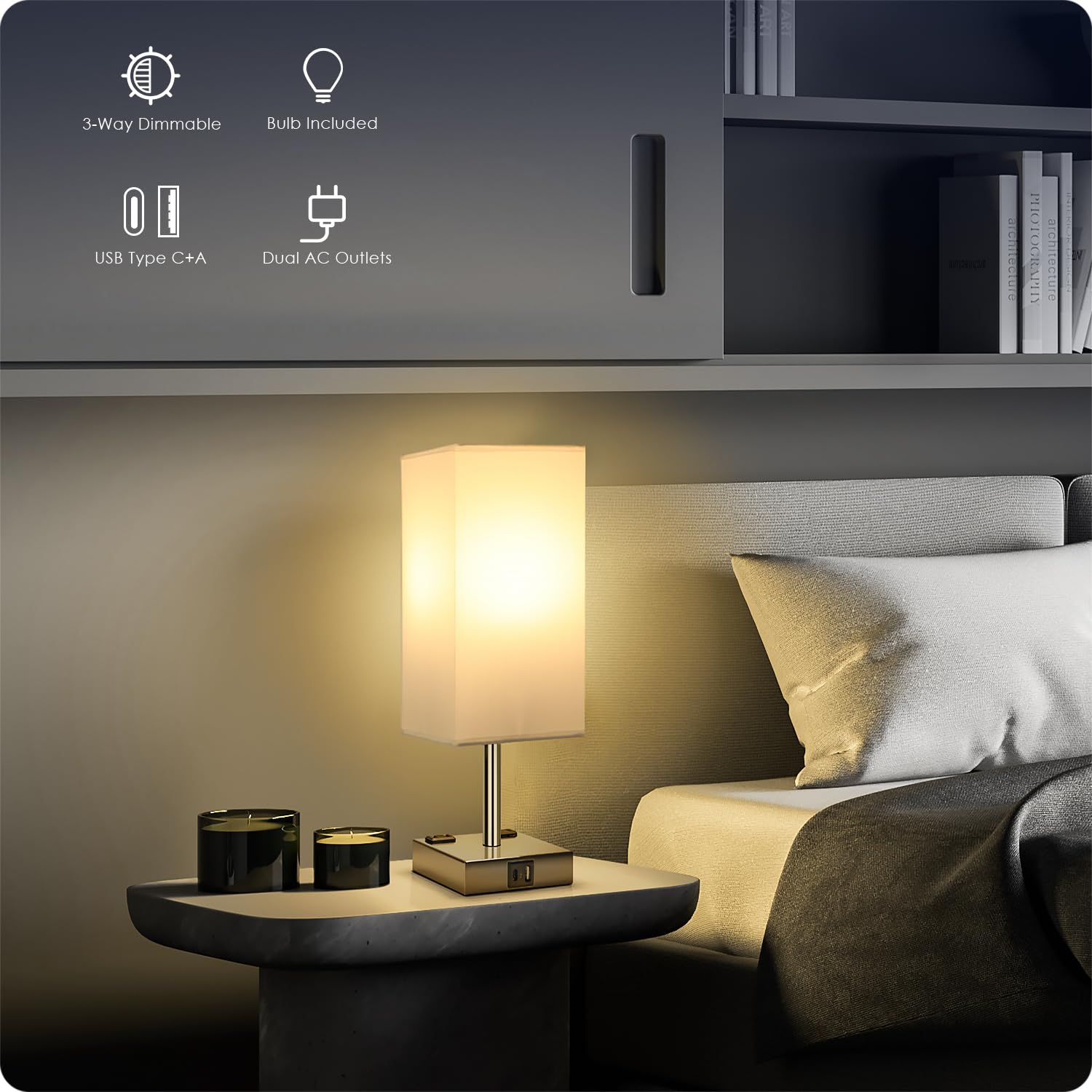 Soilsiu Bedside Table Lamp Set of 2, 3 Way Dimmable, USB C & A Ports, 2 AC Outlets, 3000K LED Bulbs, White