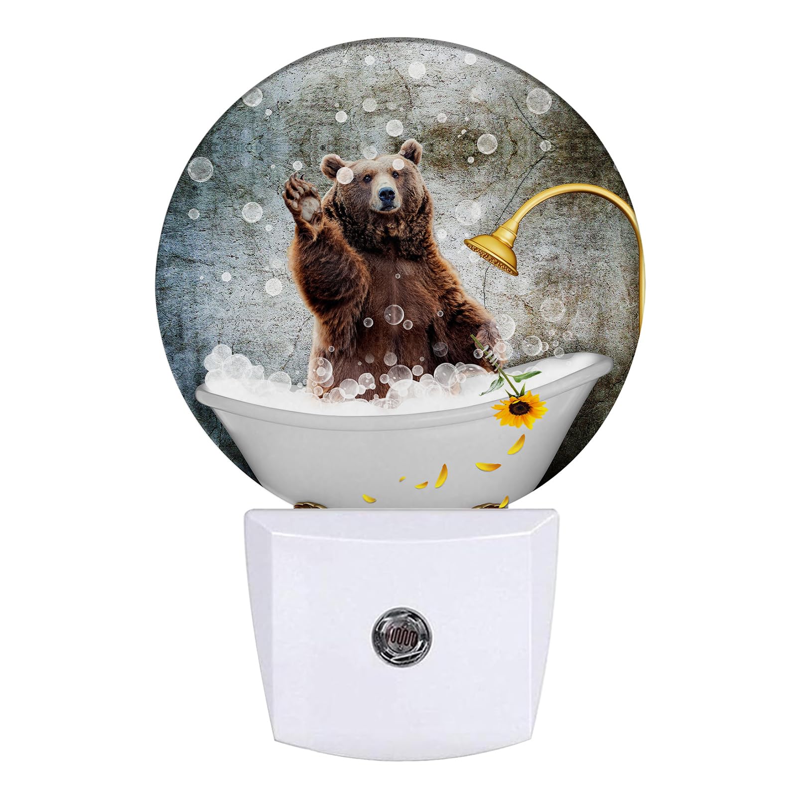 GANTINIR Brown Bear Bathing Night Light LED Lamp Round Plug into Wall Nightlight with Dusk to Dawn Sensor Home Hallway Stairway 