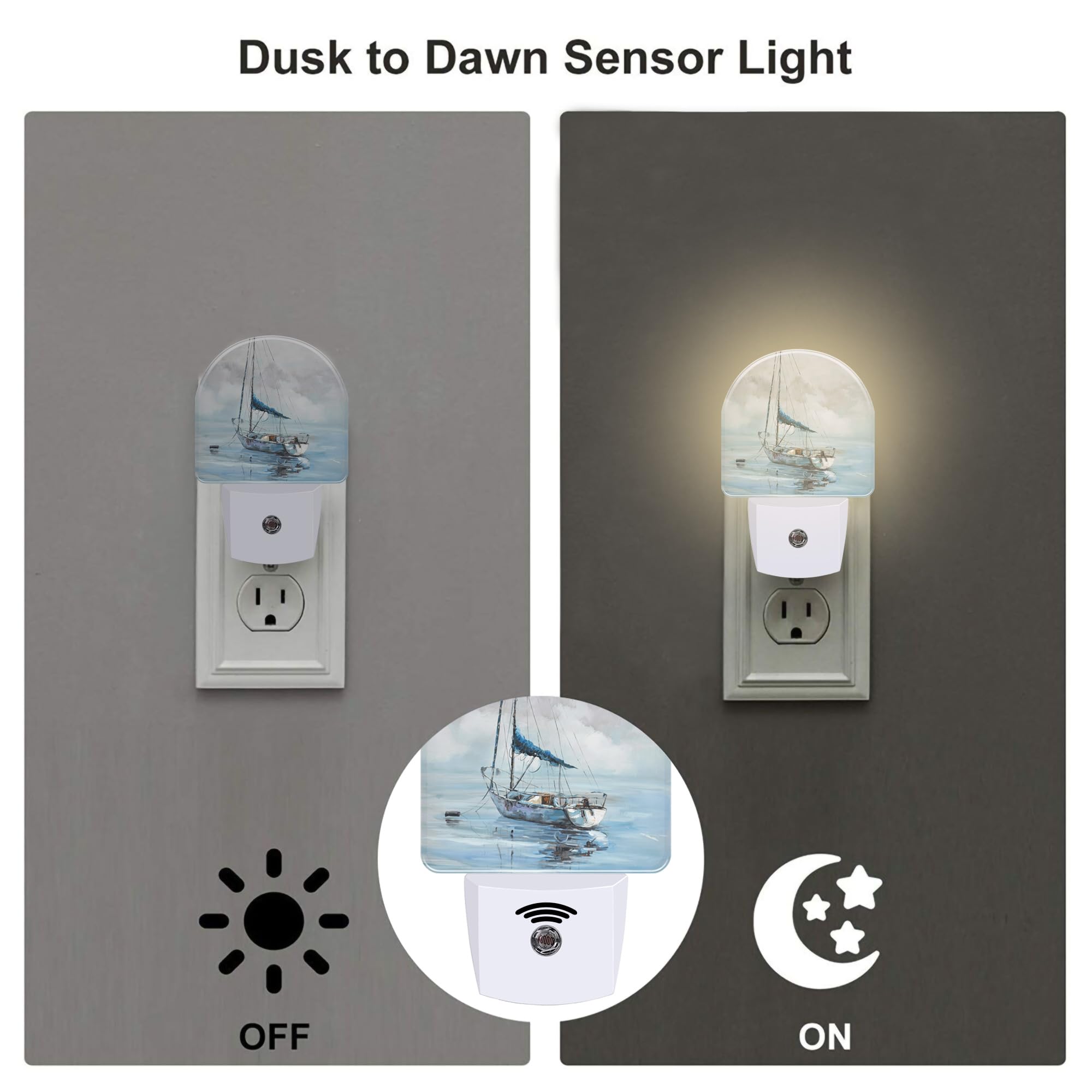 sndheke Blue Sailboat in Harbor Night Light Plug into Wall, Boat Ocean Oil Painting Dusk to Dawn Night Light Plug in,0.5w Energy