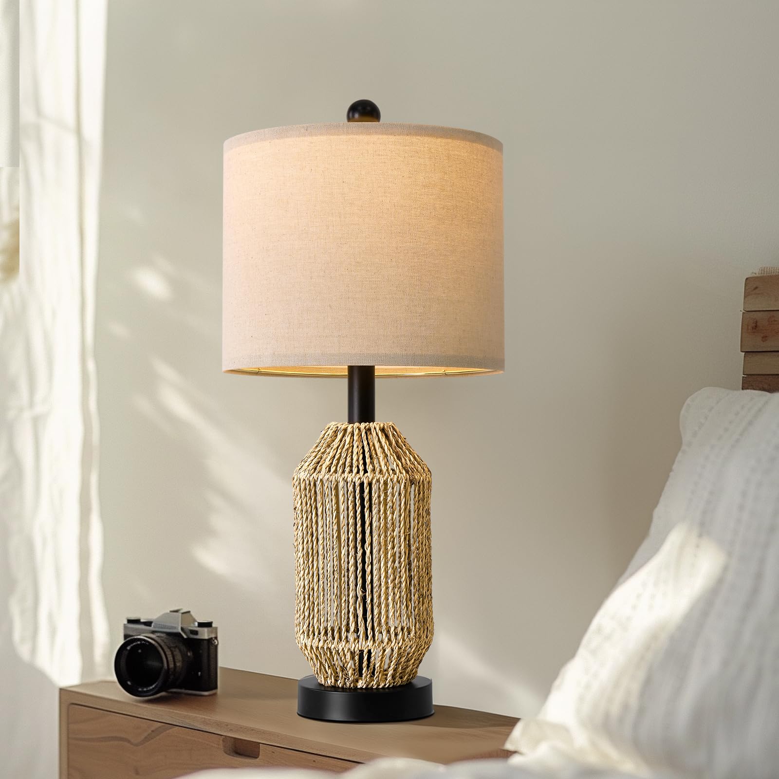 Oyears 21'' Boho Table Lamps Set Of 2 For Living Room, Bedside Lamps For Nightstand, Rattan Lamp For Bedroom, Farmhouse Table La