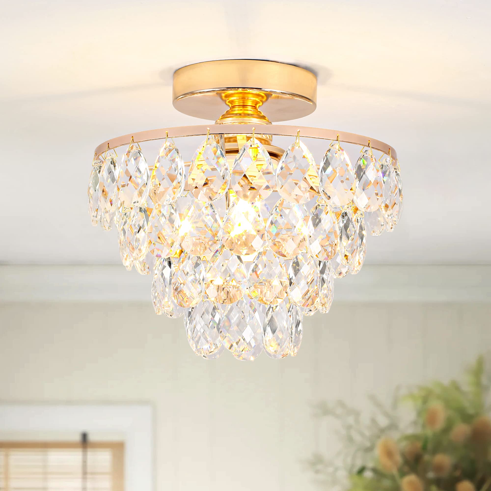 Luupyia Gold Crystal Mini Chandelier - Modern Flush Mount Ceiling Light For Hallway & Bedroom
