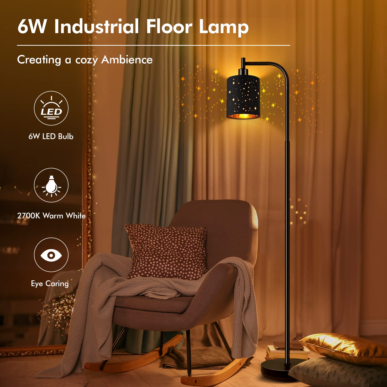 Auquee Industrial Floor Lamp - Modern Black Standing Lamp With 6W Led Bulb & Foot Switch