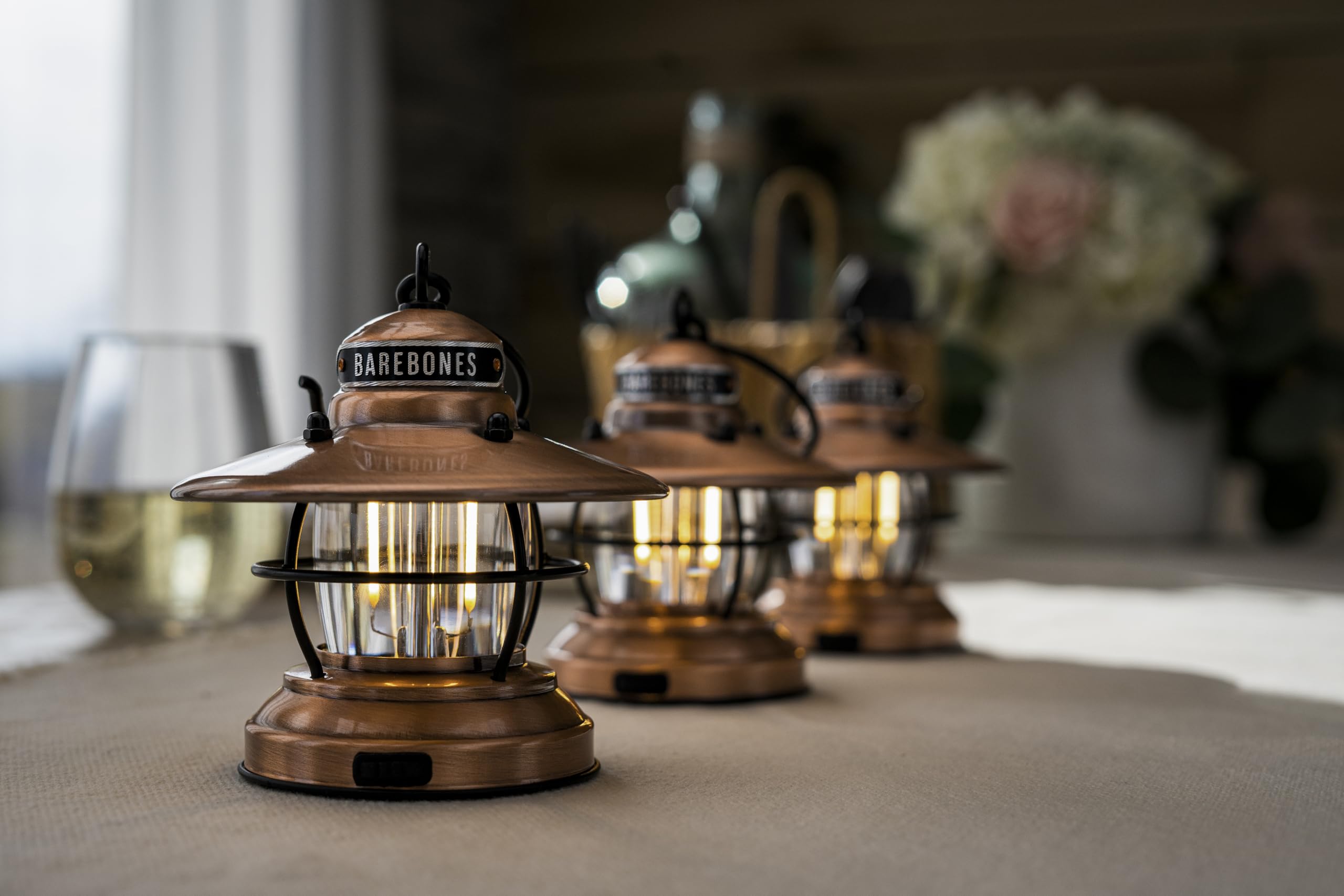 Barebones Edison Mini Lantern - 3 Packs Copper, Vintage LED Camping Lantern with Adjustable Brightness - Compact Weatherproof Ou