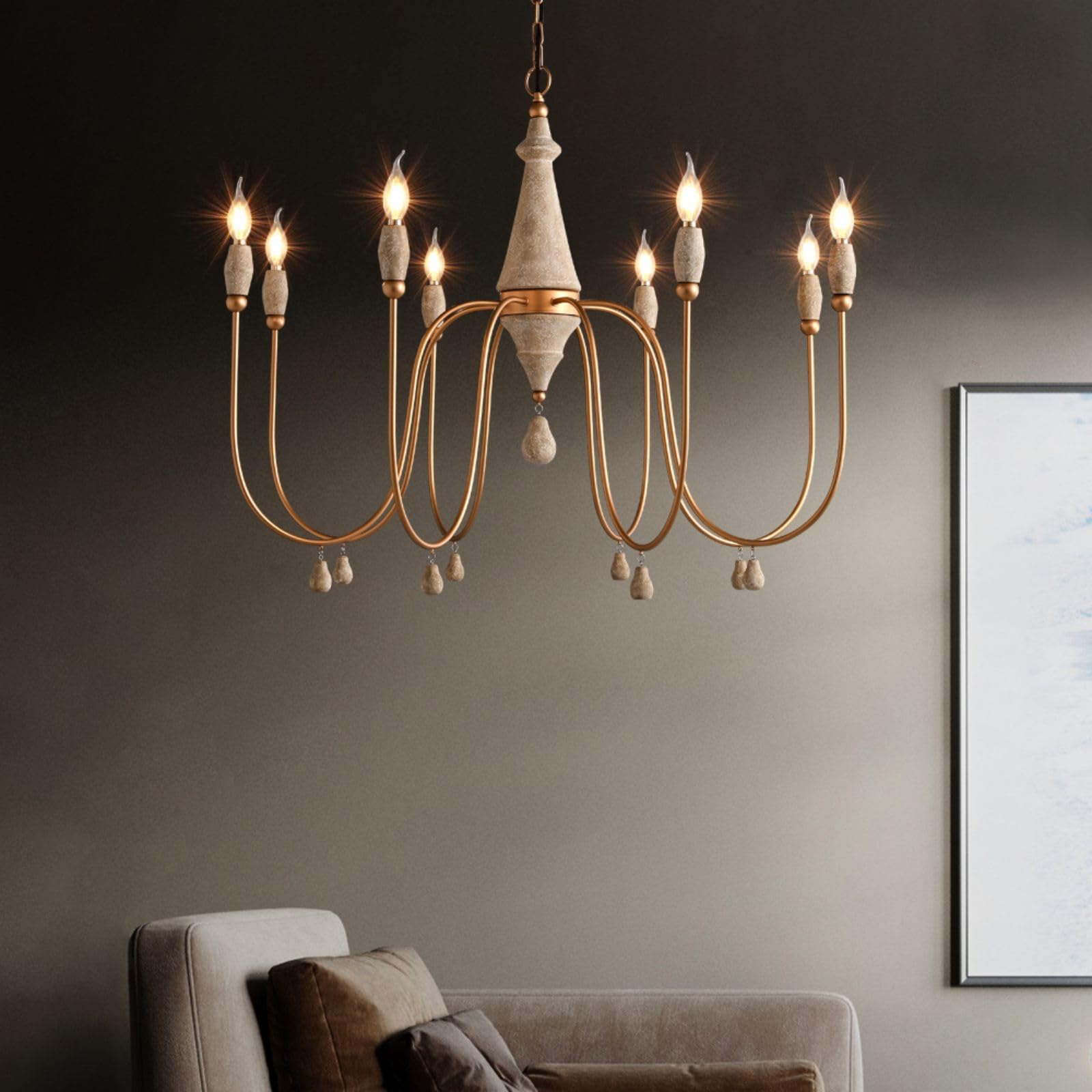 LOVEDIMA 38.2'' French Country Chandelier, Modern Farmhouse 8-Light Candle-Style Chandeliers Wood Pendant Light Fixture for Dini