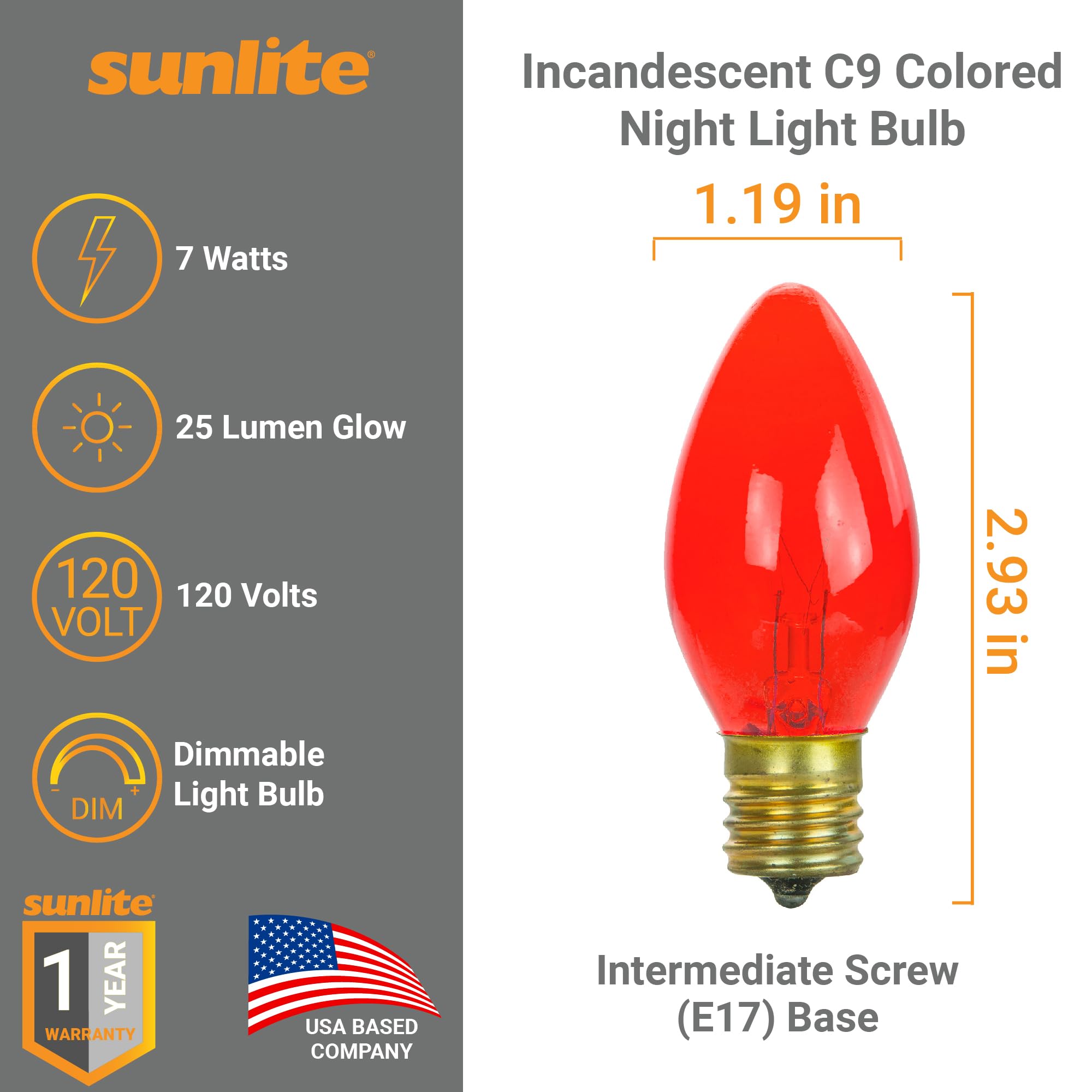 Sunlite 7C9/TR Incandescent 7-Watt, Intermediate Based, C9 Night Light Colored Bulb, Transparent Red, 25 Pack