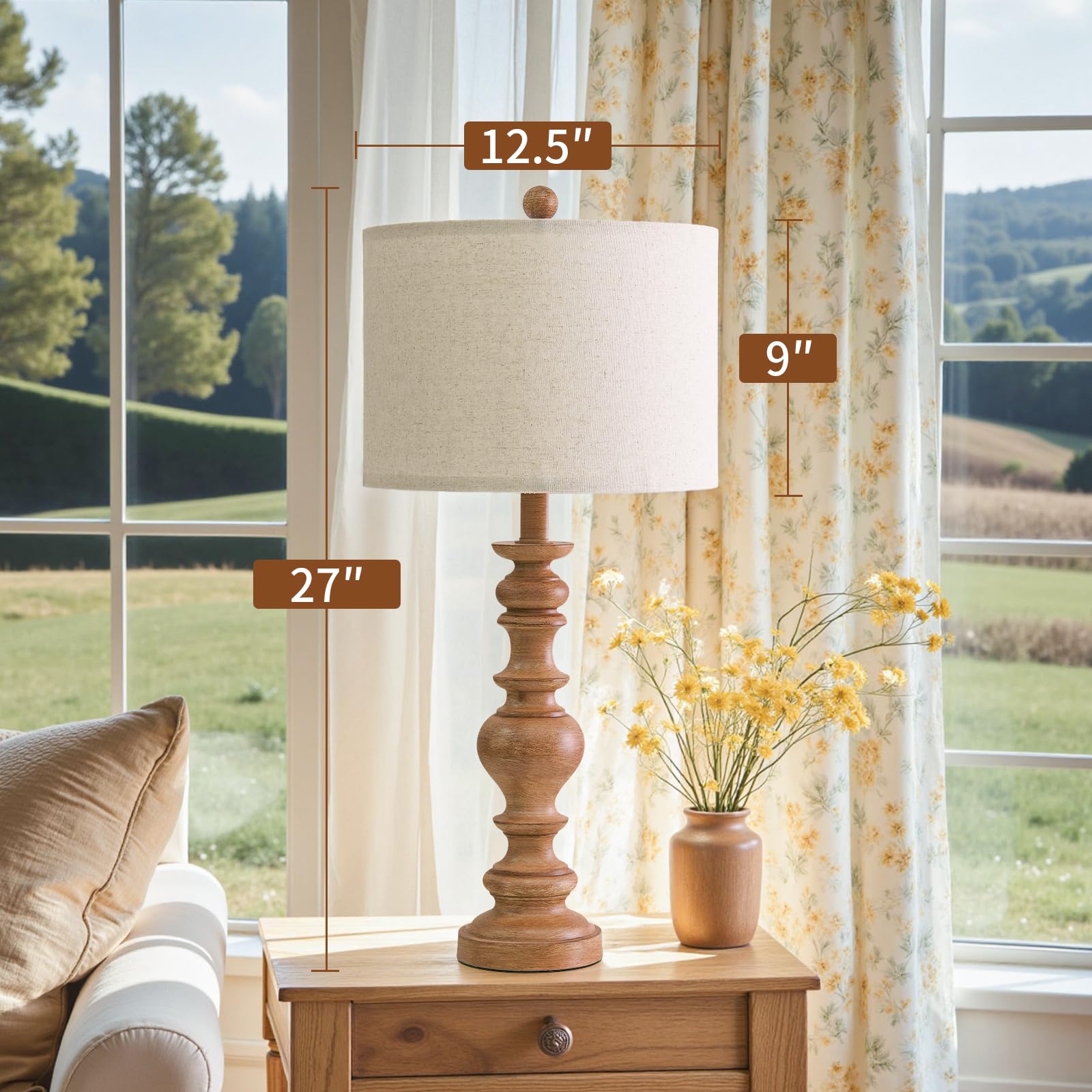 Bobomomo 27  Light Brown Table Lamps Set Of 2  Large Farmhouse Resin Lamps With Linen Shades  Rustic Vintage Lamps For Living Room  Bedroom  Console Table Or Entryway Home Lighting