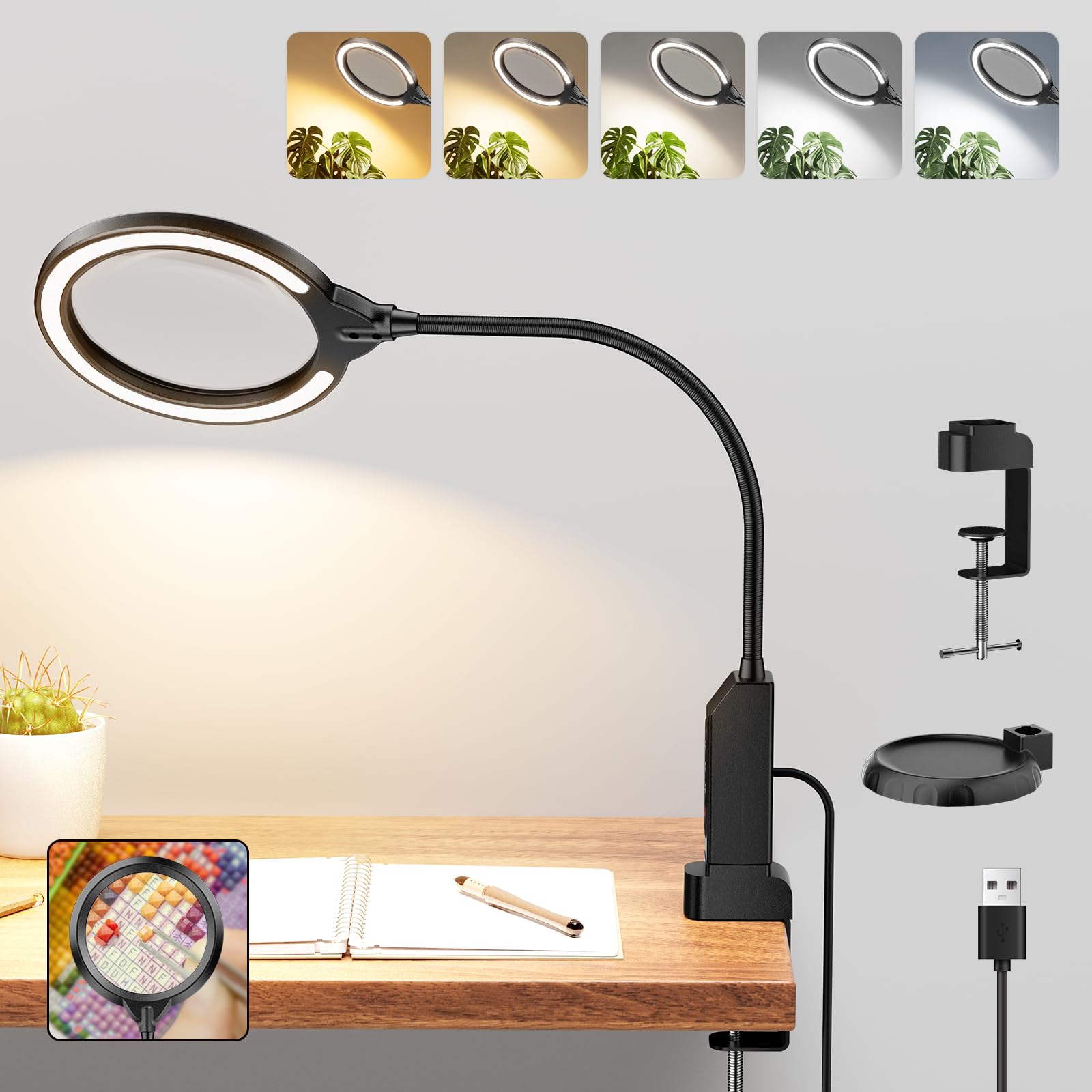 Magnifying Glass with Light and Stand  15X & 8X Magnifying Lamp with Clamp  5 Color Lighting Modes Stepless Dimmable LED Desk Lamp Hands Free for Crafts Hobby Reading Discomfortting Sewing Close Work
